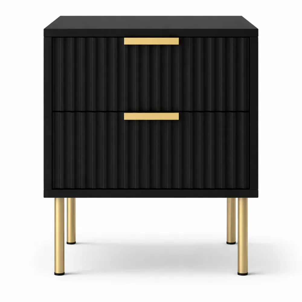 Table de nuit moderne avec deux tiroirs et pieds en acier, noir
