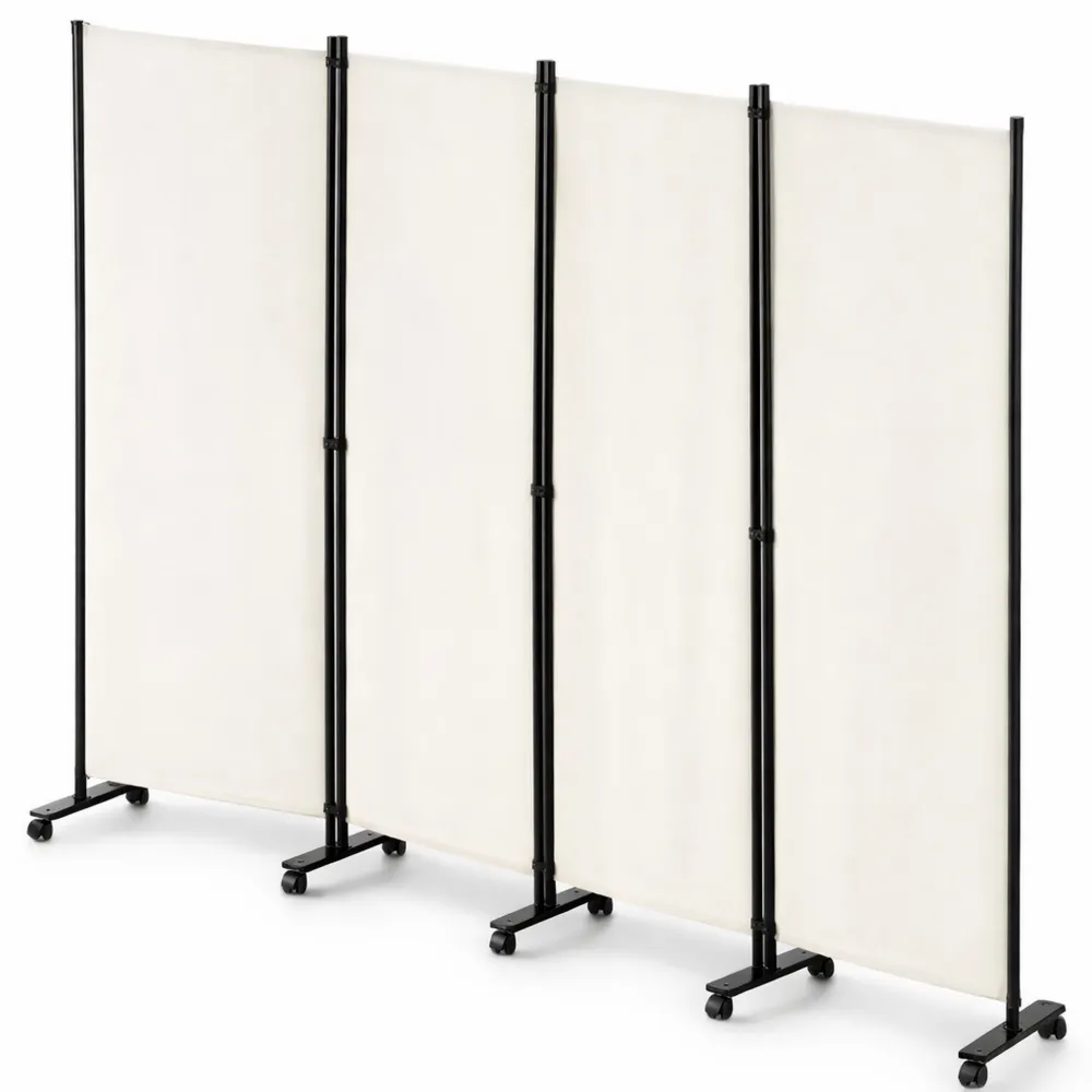 Paravent 4 Panneaux avec Roulettes, Cloison Pliable en Métal et Tissu Beige