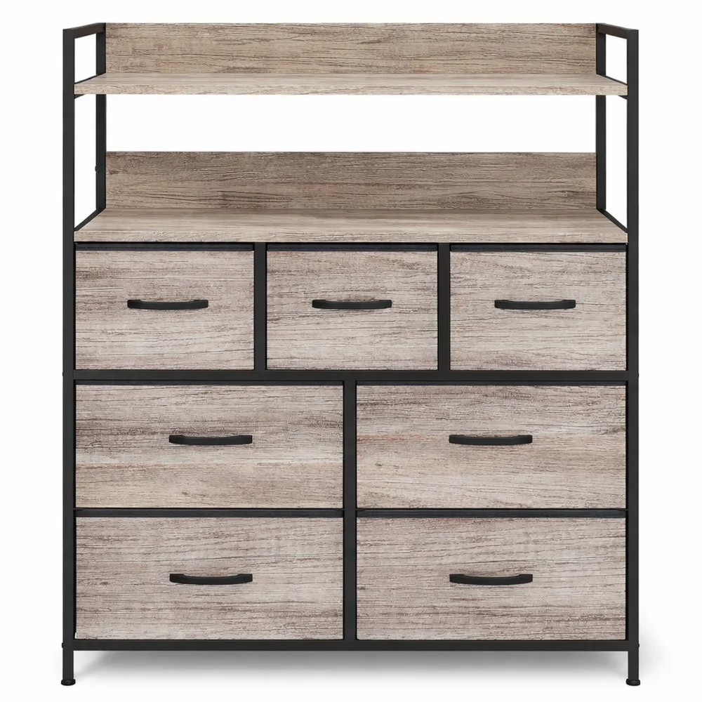 Meuble de Rangement 7 Tiroirs avec Étagères Ouvertes Gris