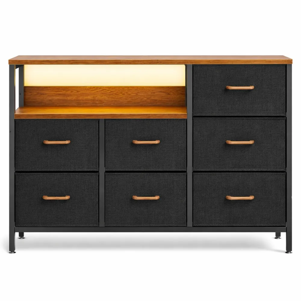 Commode avec Éclairage LED et Ports USB, 7 Tiroirs en Tissu pour Chambre et Salon