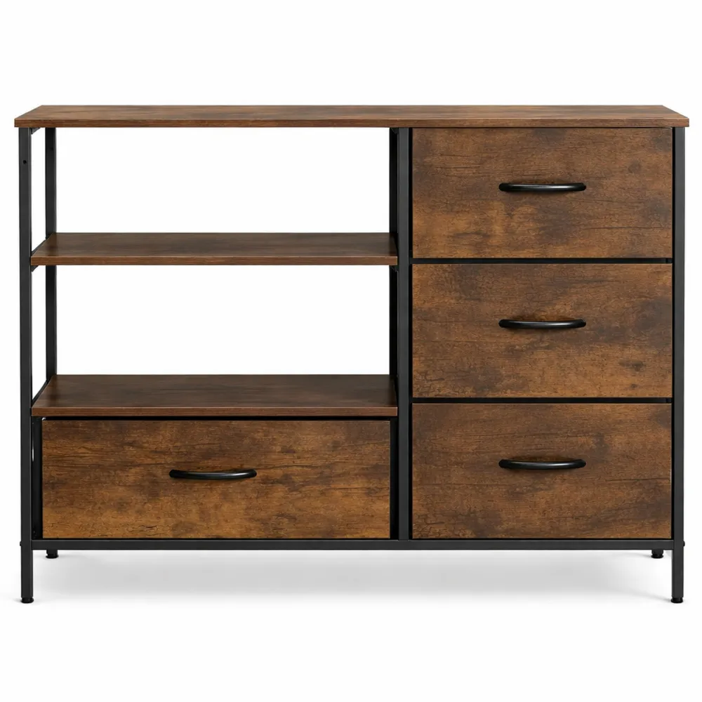 Commode Industrielle en Bois avec 4 Tiroirs, Marron et Noir