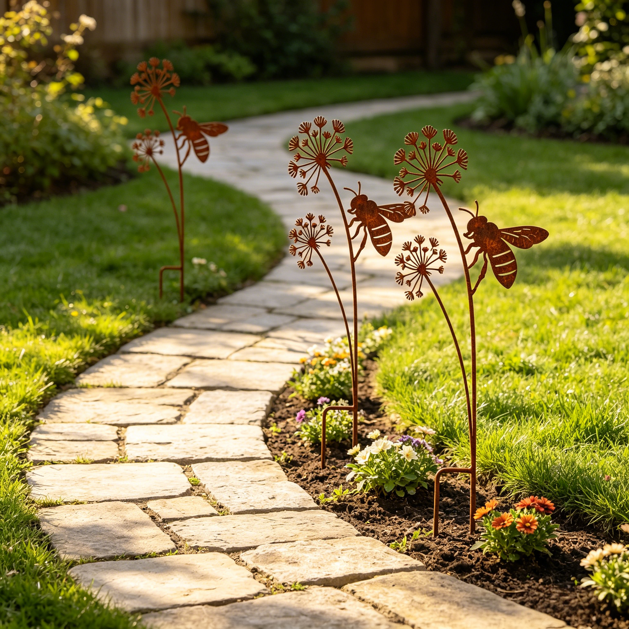 Set of 3 Rusty Wrought Iron Bee Garden Stake