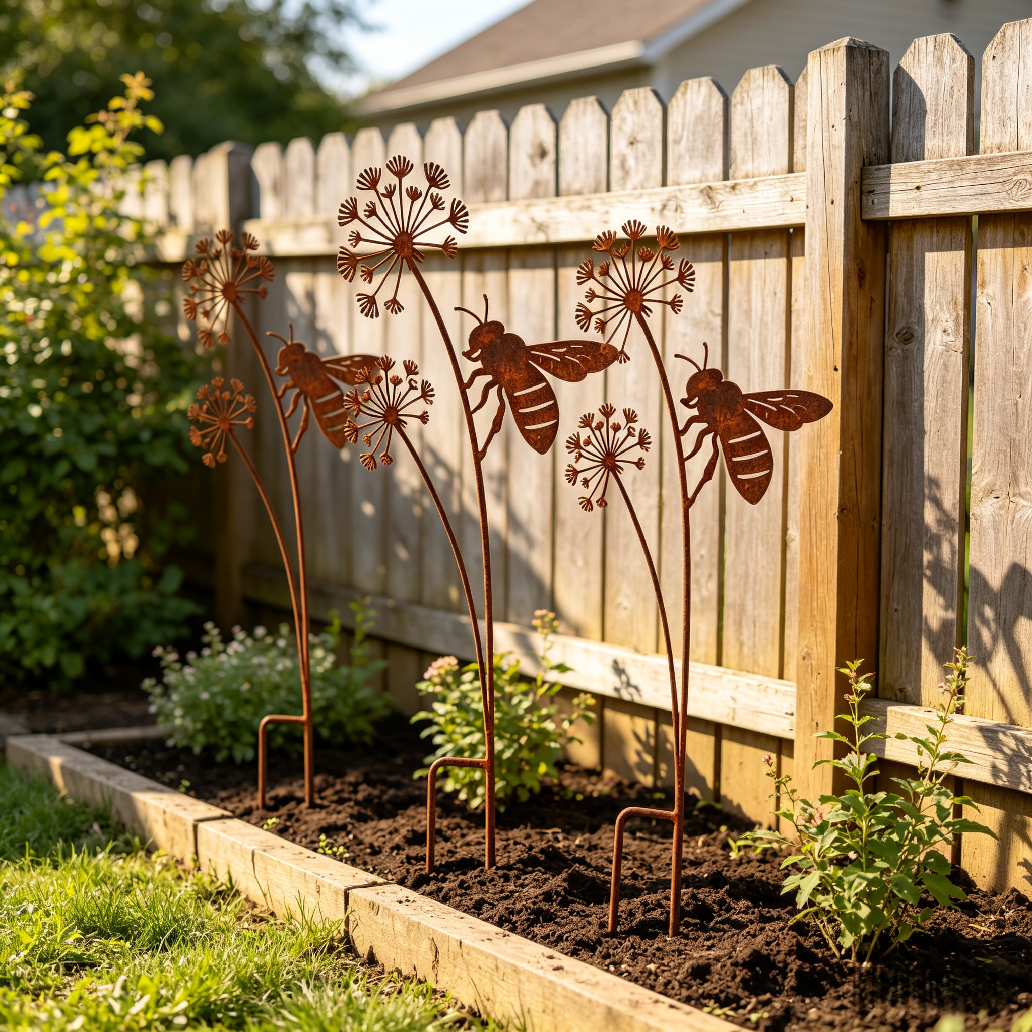 Set of 3 Rusty Wrought Iron Bee Garden Stake