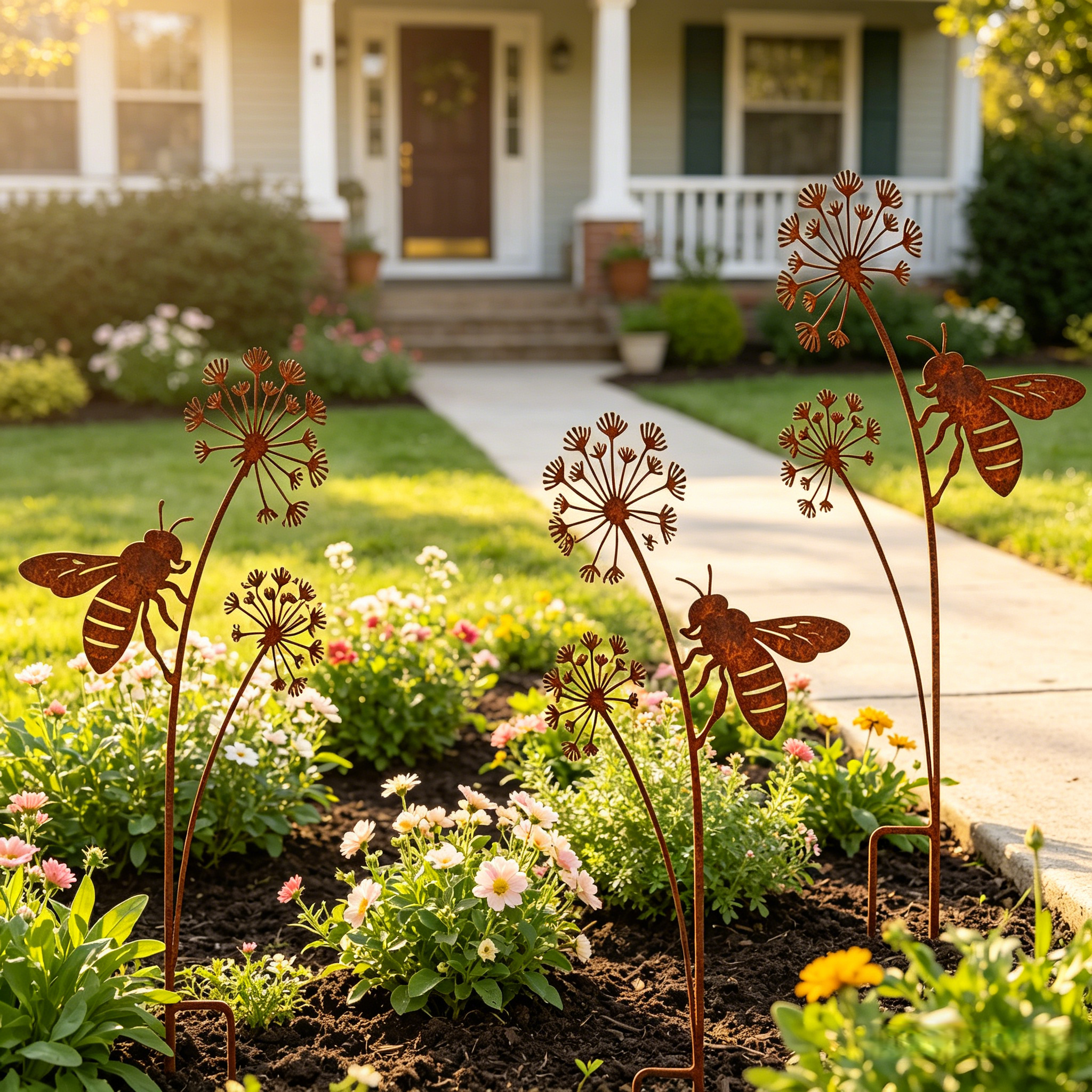 Set of 3 Rusty Wrought Iron Bee Garden Stake