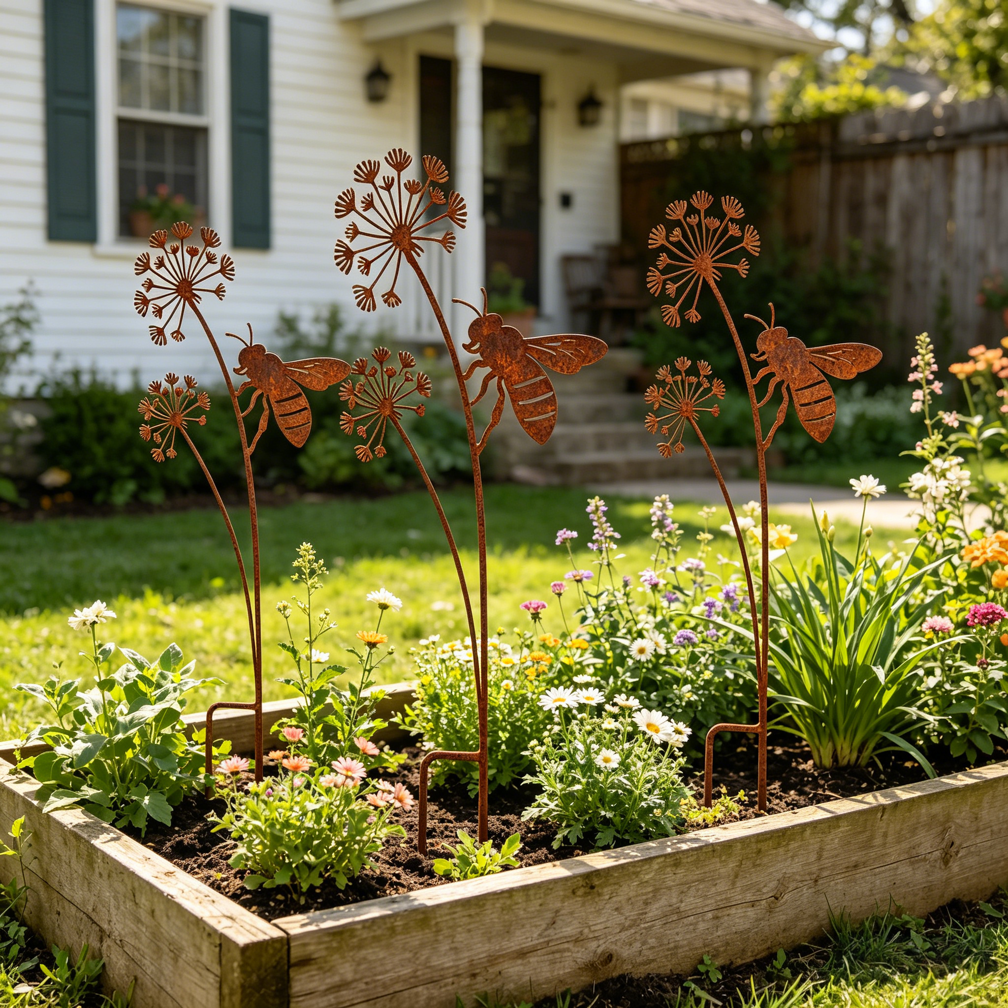 Set of 3 Rusty Wrought Iron Bee Garden Stake