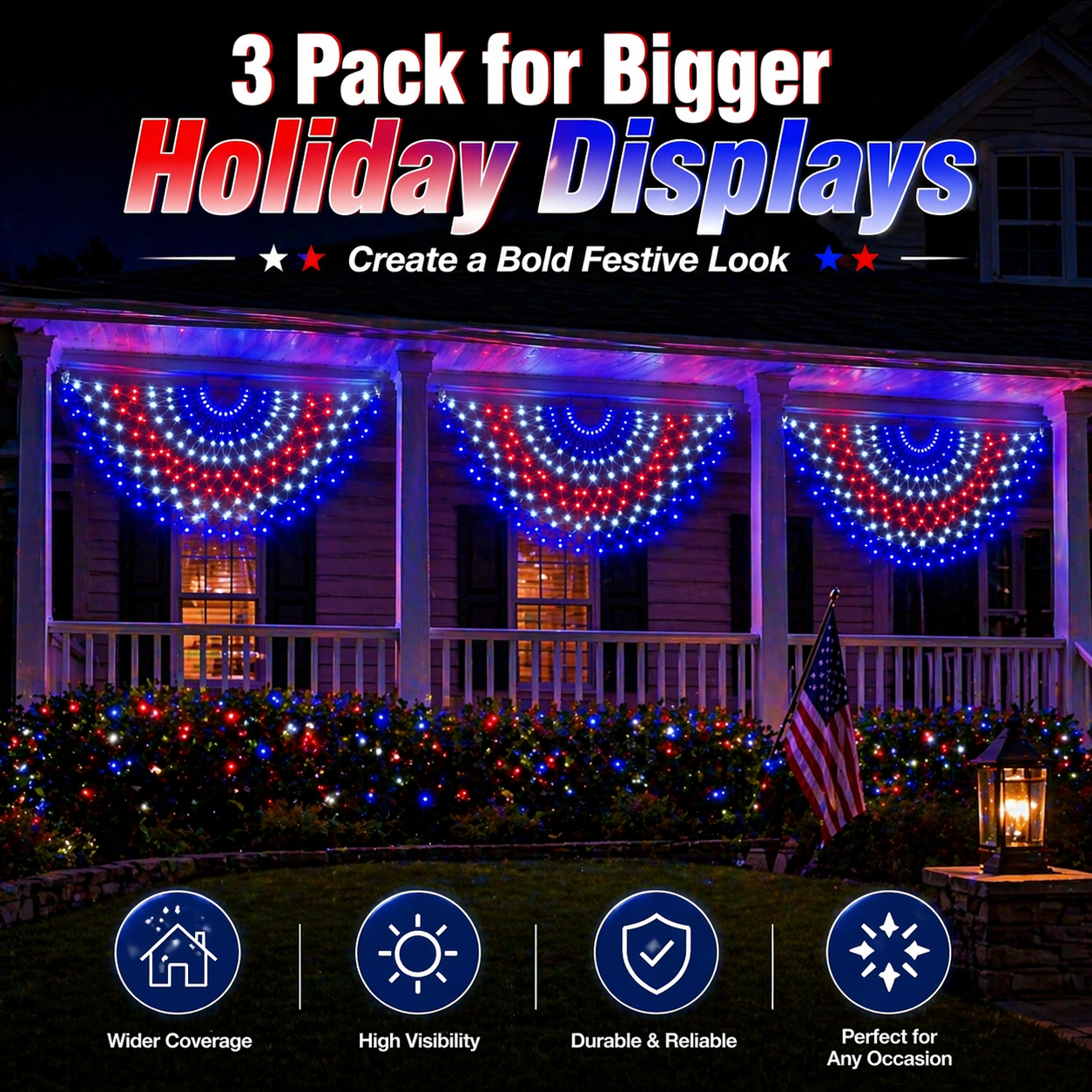 3 Pack 450 LED American Flag Banner Lights