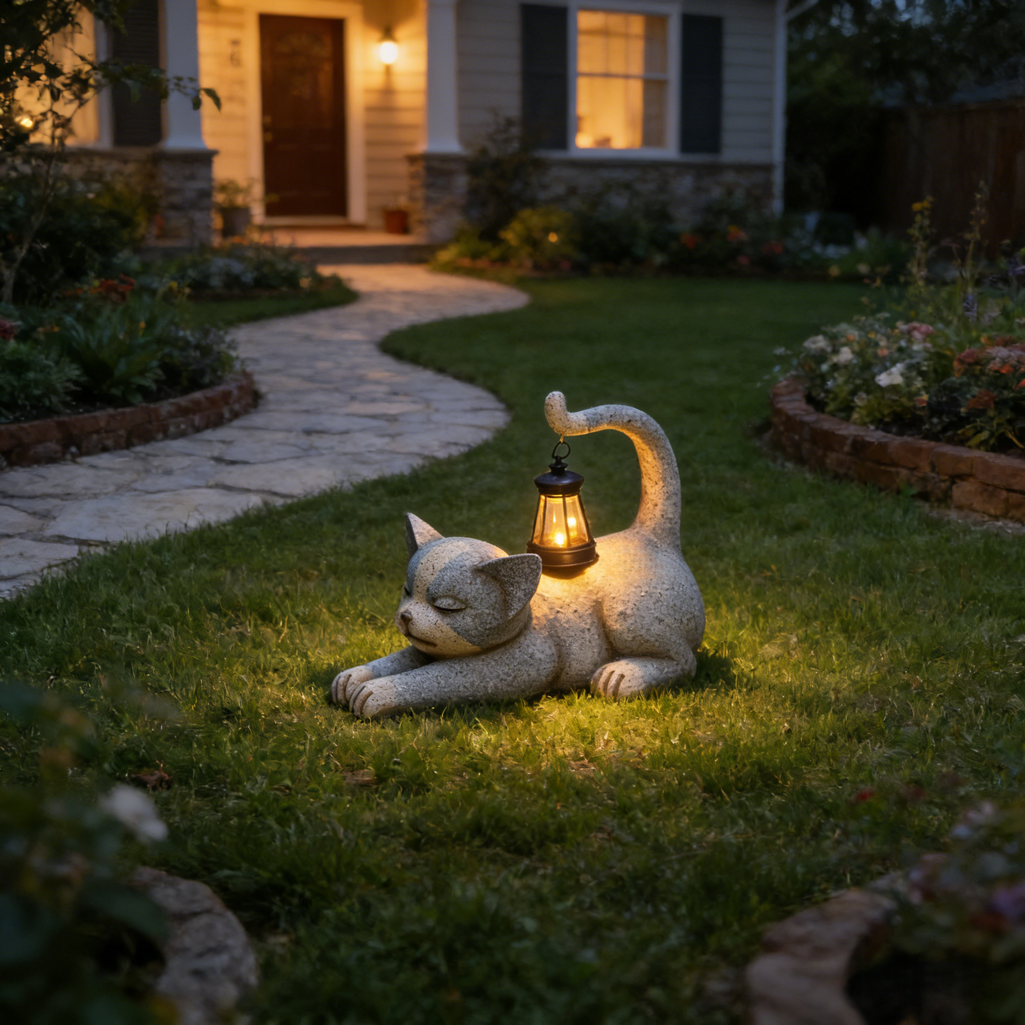 Solar-Powered Outdoor for cat Statue with Auto-On LED Light