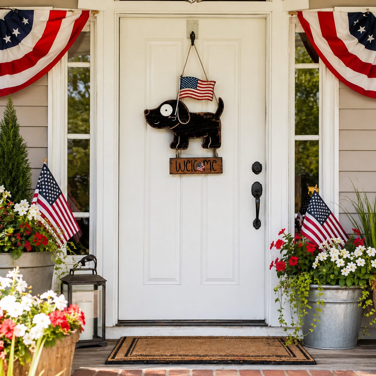 Wooden American Flag Dog Porch Sign for Front Door