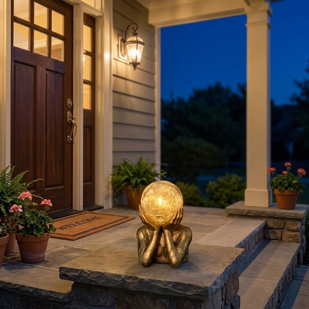 Solar-Powered Resin Figurine Holding Light Ball Outdoor Decor