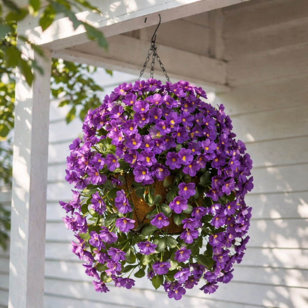 Artificial Hanging Flower Basket with Coconut Liner – Faux Outdoor Hanging Flowers Planter for Porch, Patio, Balcony & Garden Spring Decoration