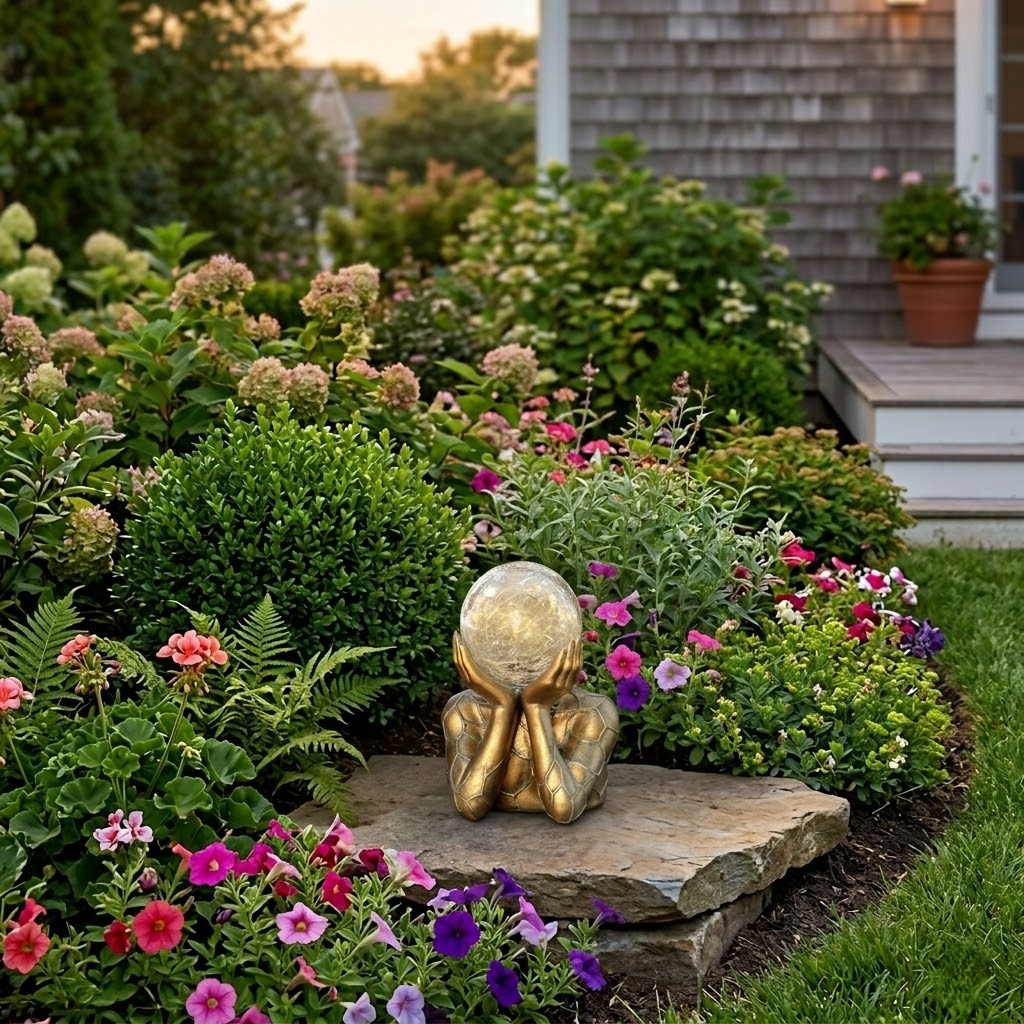 Solar-Powered Resin Figurine Holding Light Ball Outdoor Decor