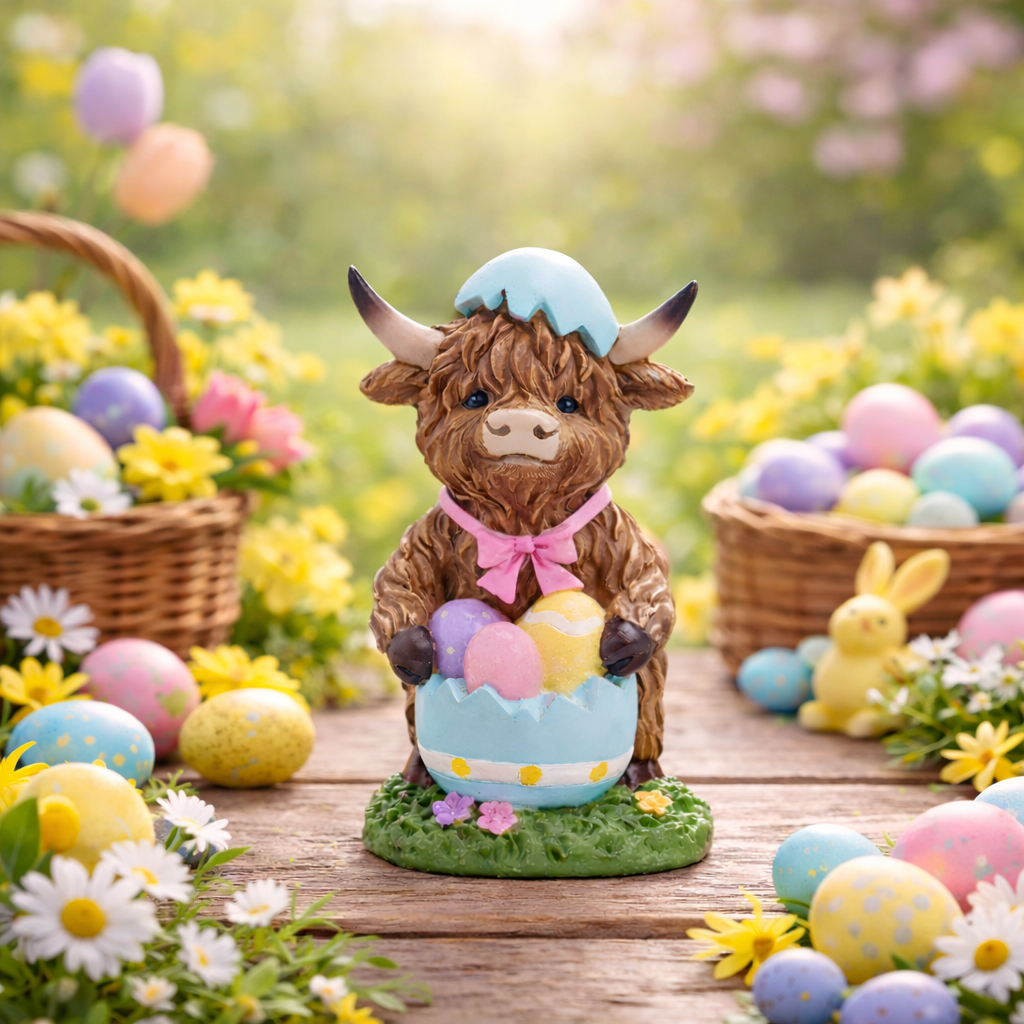 Easter Highland Cow Set with Bunny Ears on Base