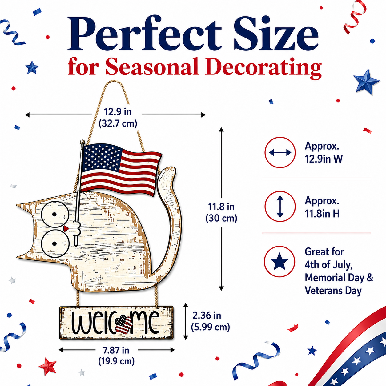 Patriotic Cat Welcome Sign Wooden Hanging Decor