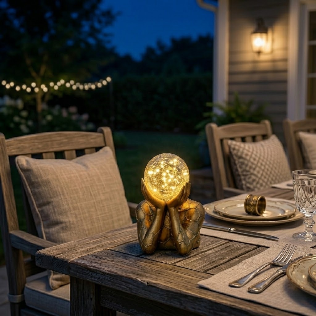 Solar-Powered Resin Figurine Holding Light Ball Outdoor Decor