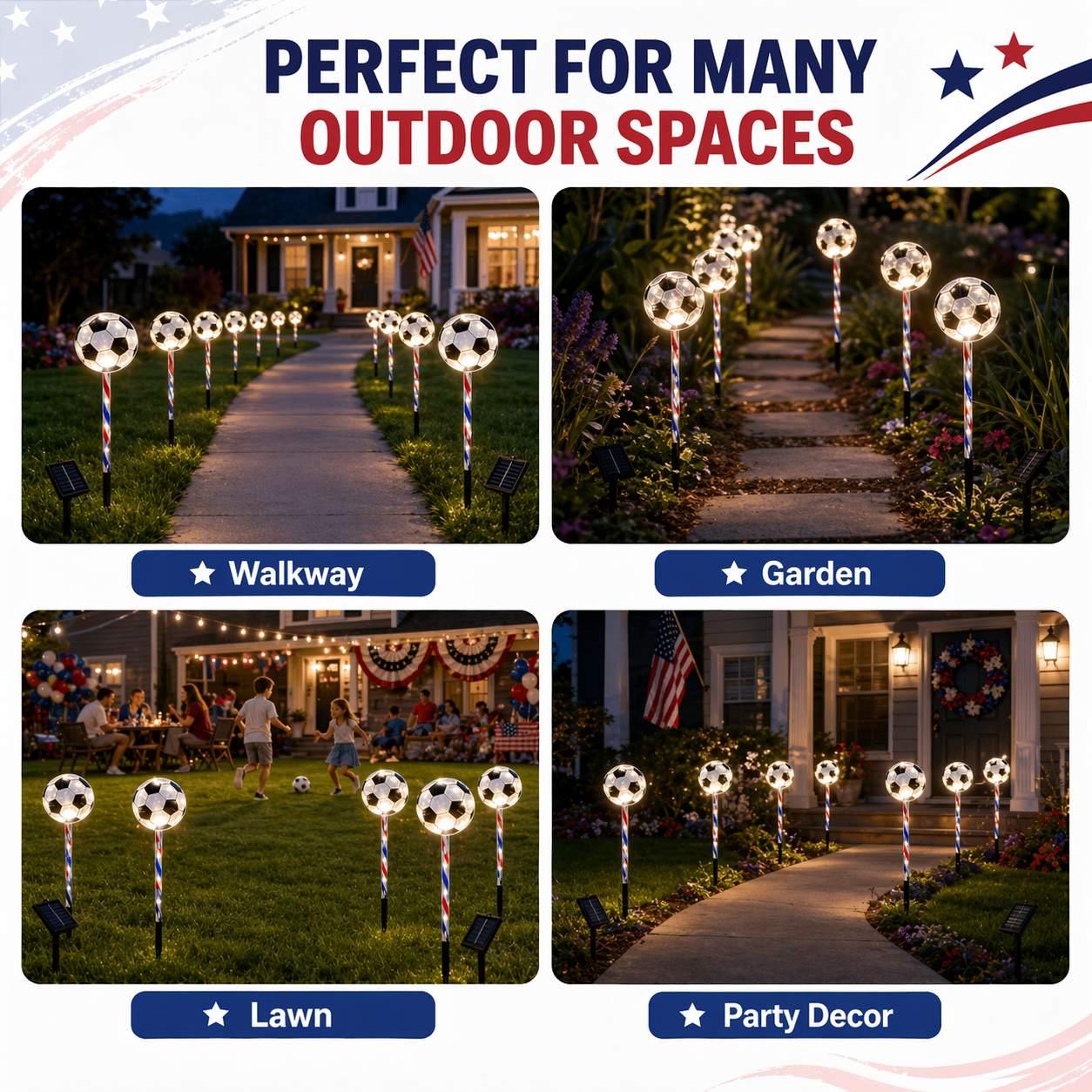 4th of July Outdoor Solar Soccer Pathway Lights