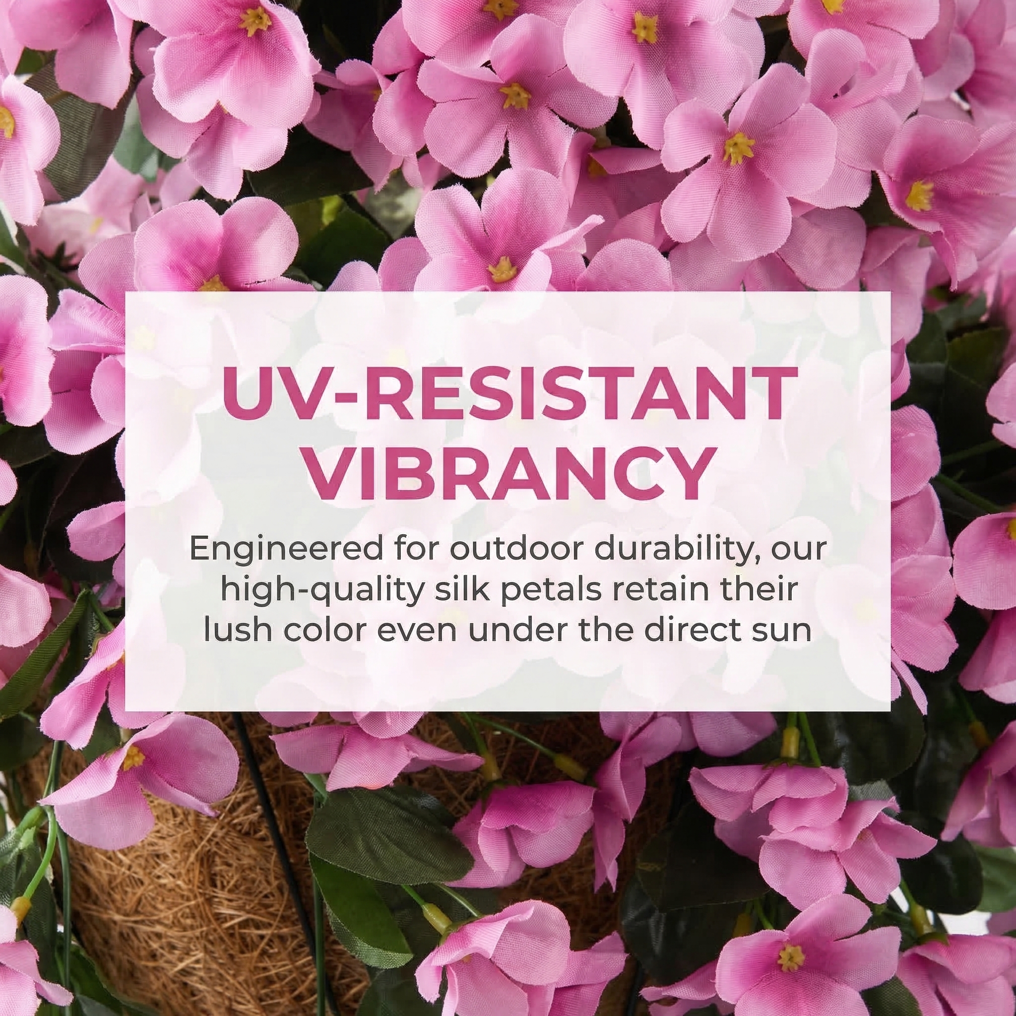 Artificial Hanging Flower Basket with Coconut Liner – Faux Outdoor Hanging Flowers Planter for Porch, Patio, Balcony & Garden Spring Decoration