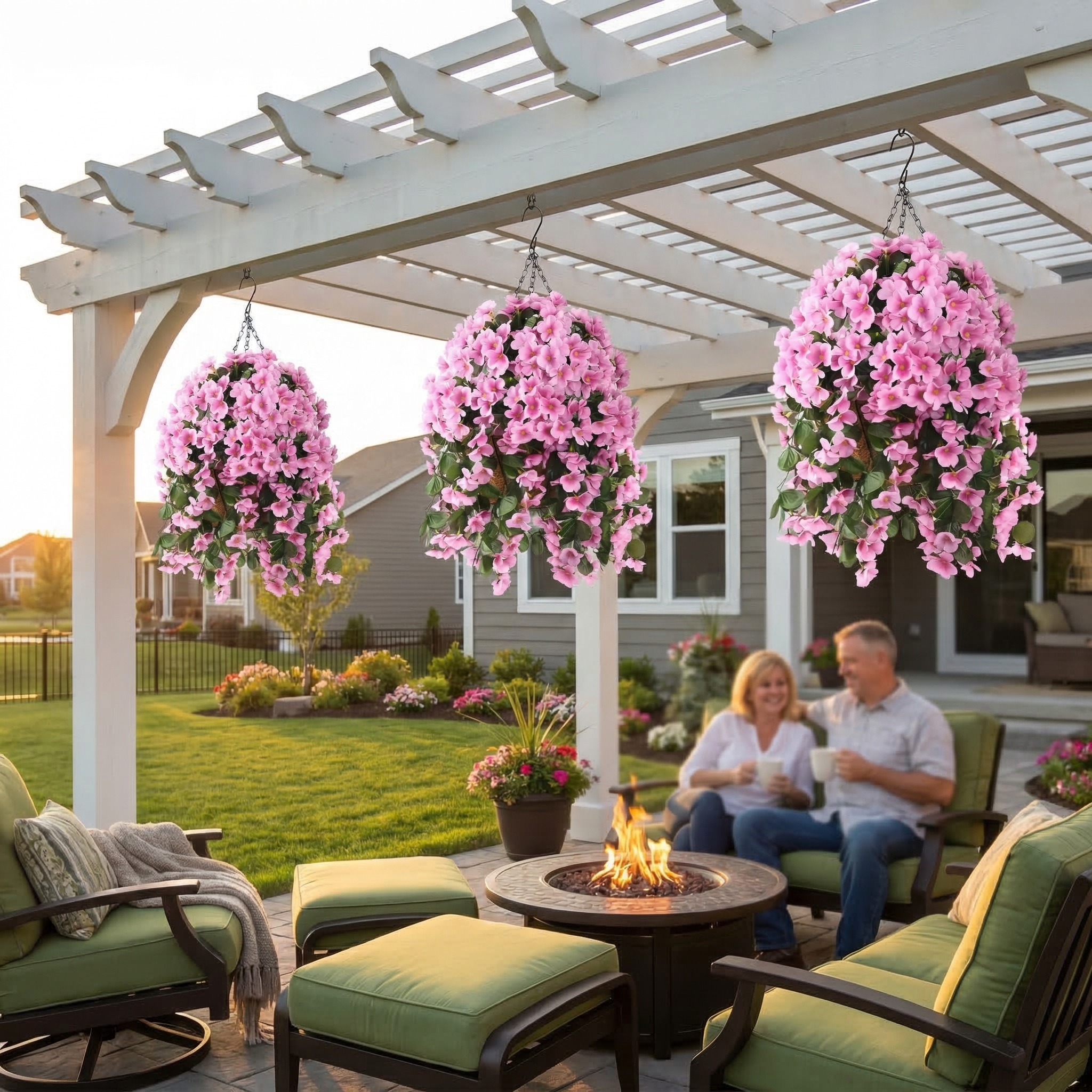 Artificial Hanging Flower Basket with Coconut Liner – Faux Outdoor Hanging Flowers Planter for Porch, Patio, Balcony & Garden Spring Decoration