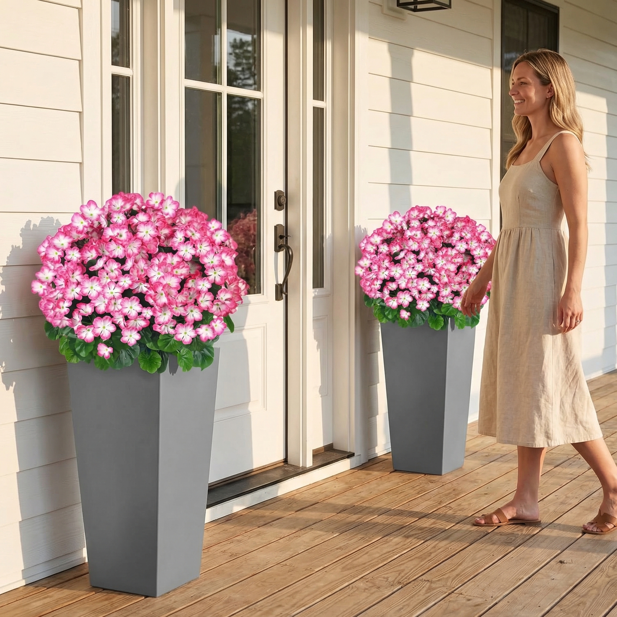 Artificial Geranium Bush – 20 Inch Outdoor Potted Artificial Plant for Front Porch