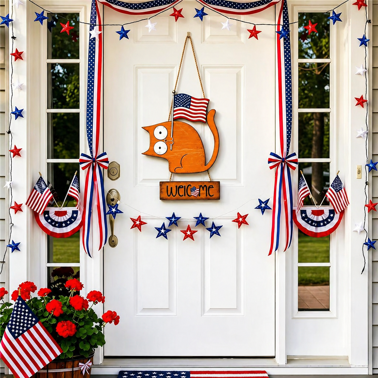 Patriotic Cat Welcome Sign Wooden Hanging Decor