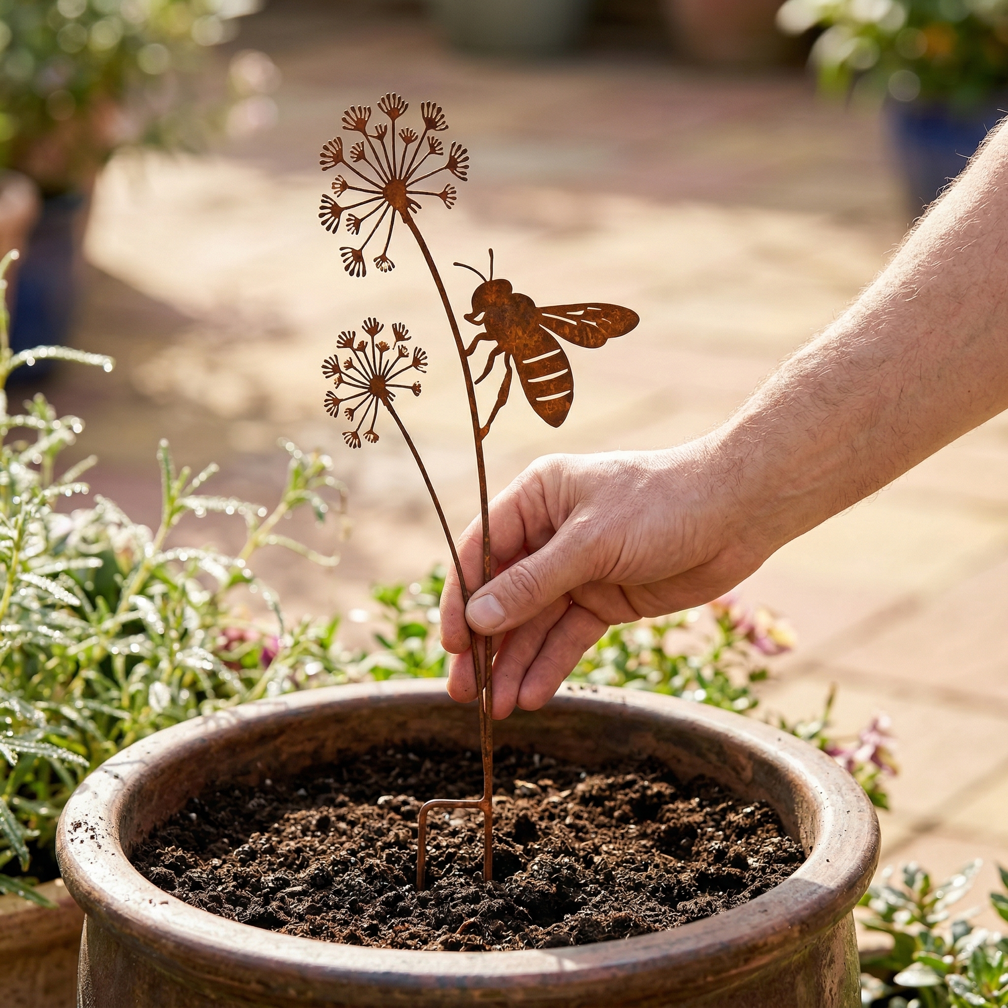 Set of 3 Rusty Wrought Iron Bee Garden Stake