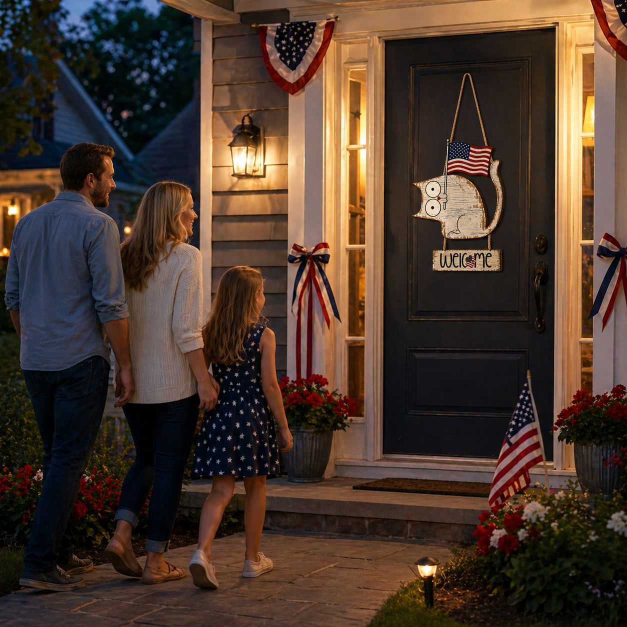 Patriotic Cat Welcome Sign Wooden Hanging Decor
