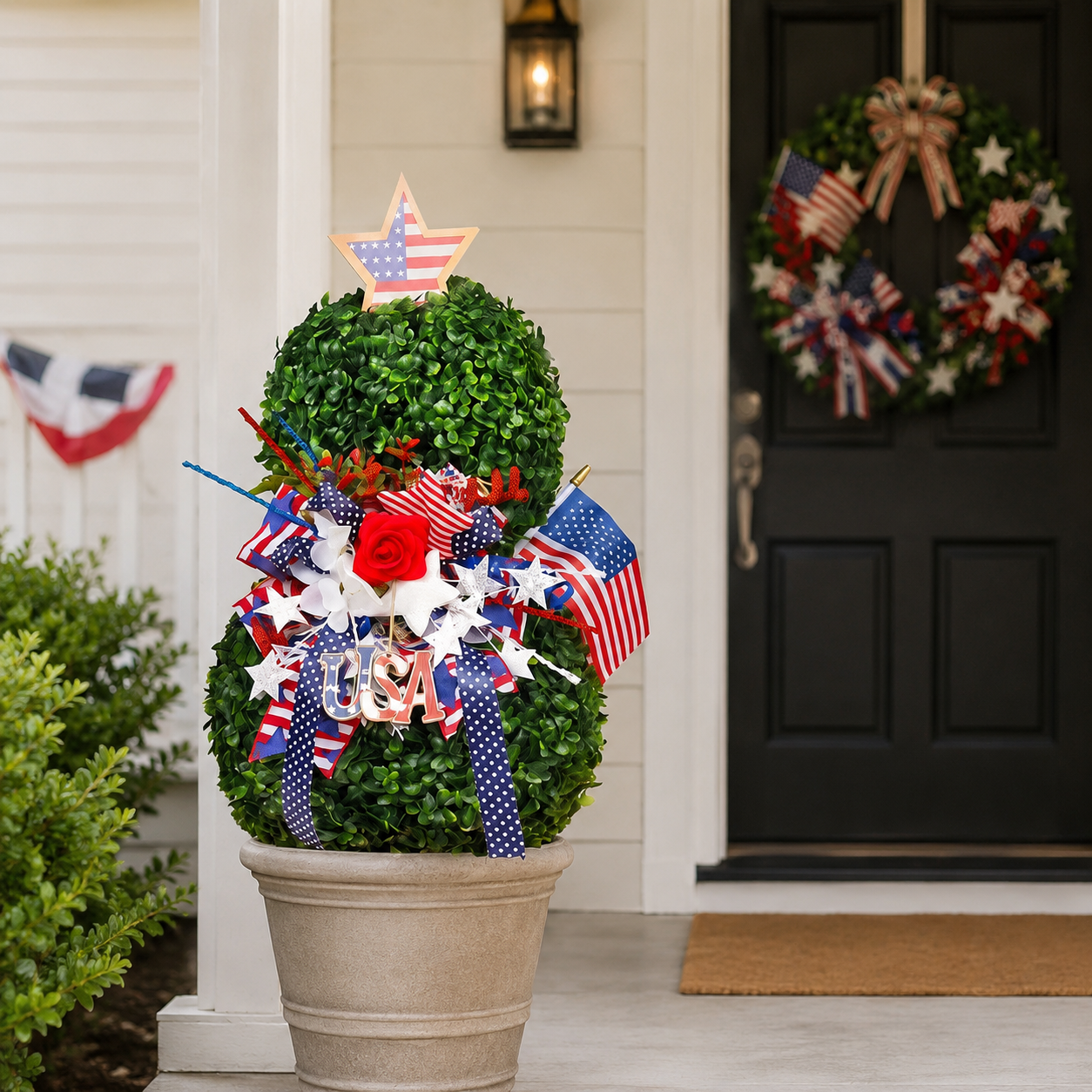  4th of July Artificial Boxwood Topiary with USA Bow, Mini American Flag & Star Topper