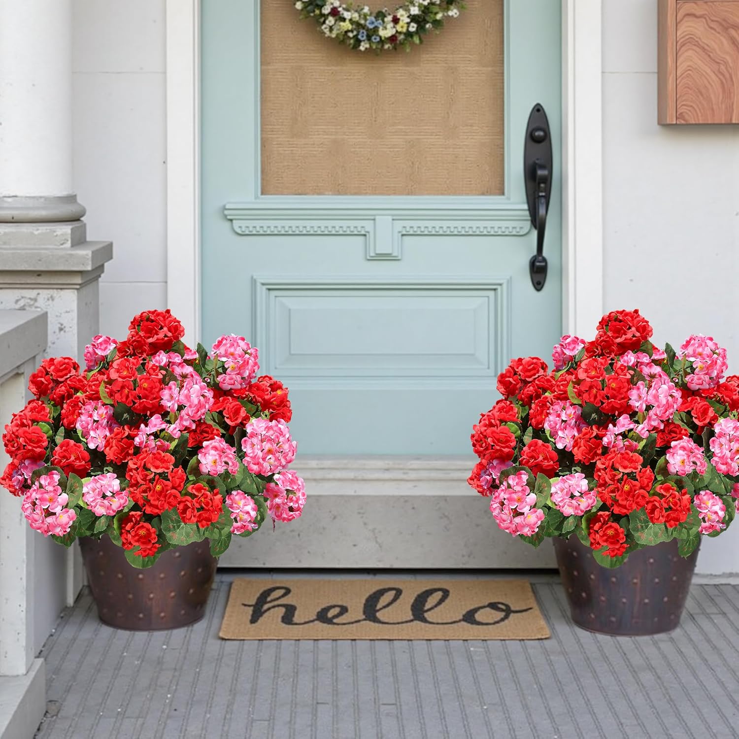 6 Bundles Artificial Pink Geranium Flowers – UV Resistant Faux Outdoor Plants for Porch, Patio Planters & Garden Decor