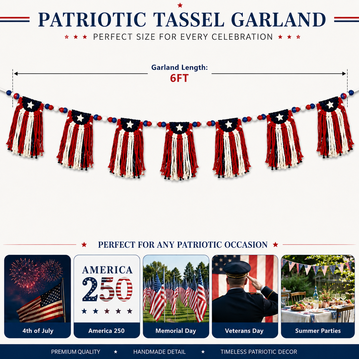  Patriotic 4th of July Garland with Wooden Bead Star Decorations