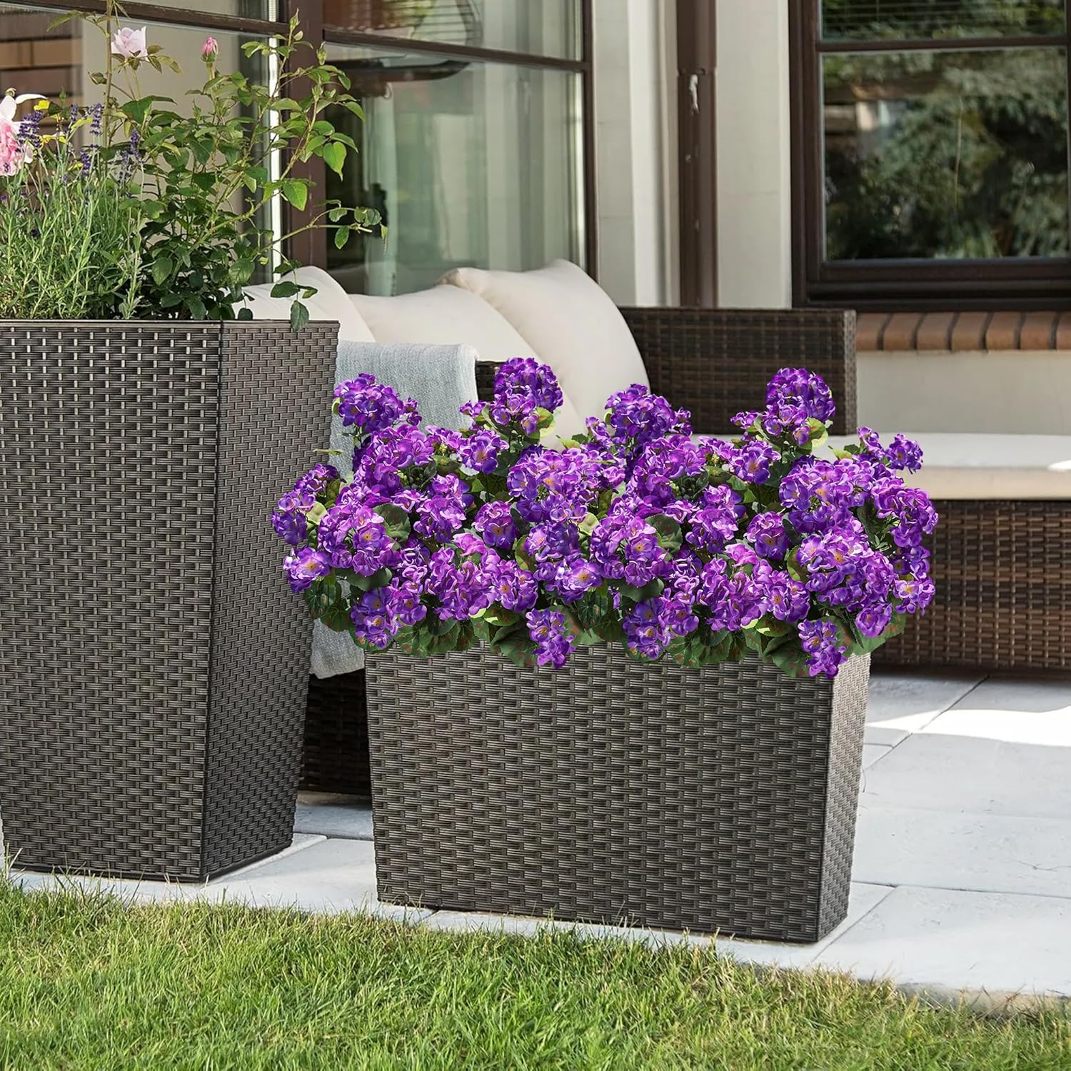 6 Bundles Artificial Pink Geranium Flowers – UV Resistant Faux Outdoor Plants for Porch, Patio Planters & Garden Decor