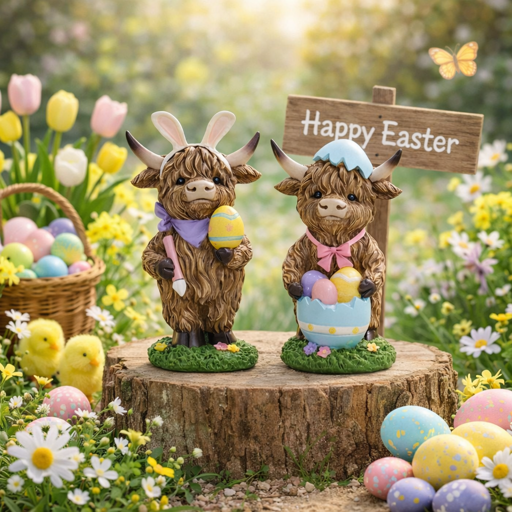 Easter Highland Cow Set with Bunny Ears on Base