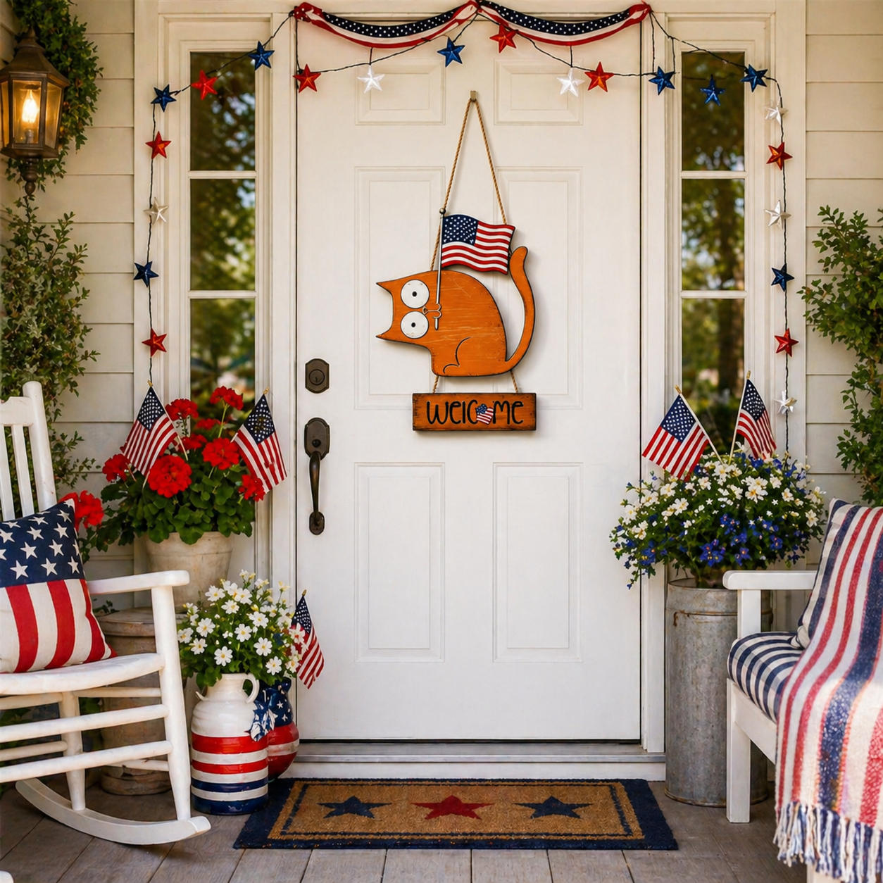 Patriotic Cat Welcome Sign Wooden Hanging Decor
