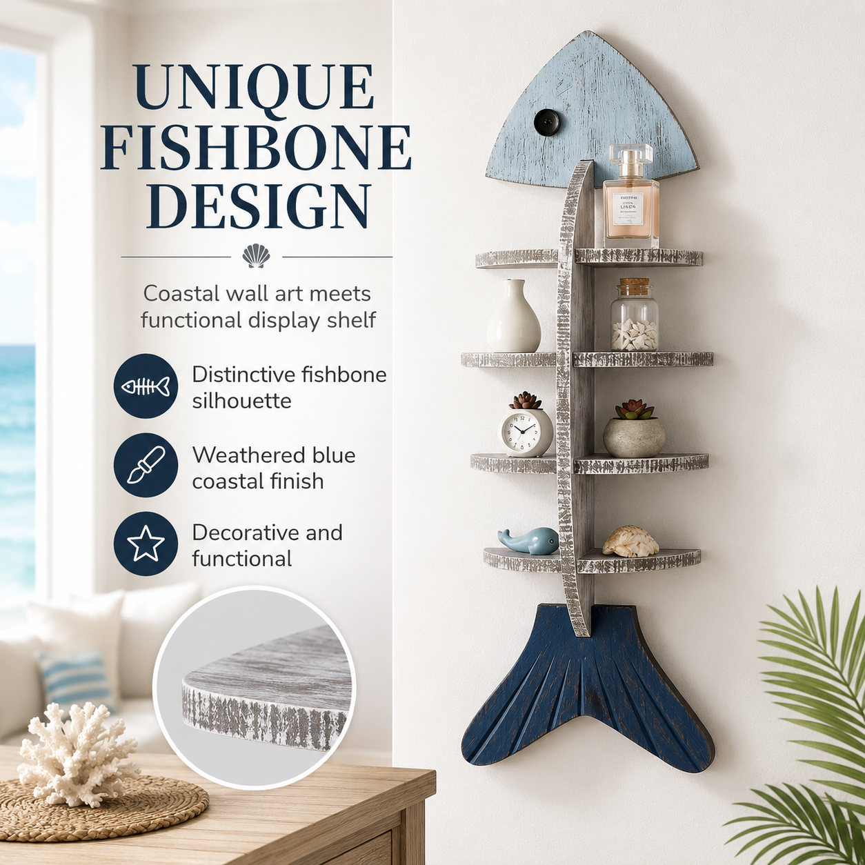 Rustic Coastal Fishbone Wall Shelf