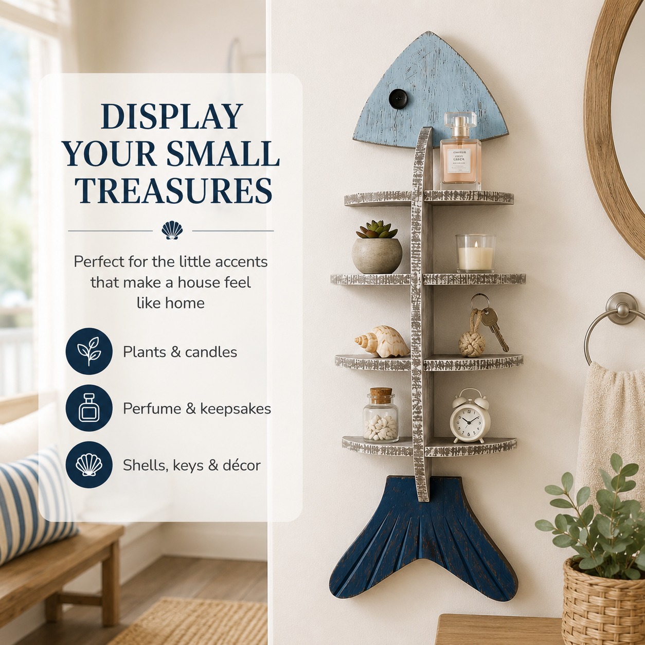 Rustic Coastal Fishbone Wall Shelf