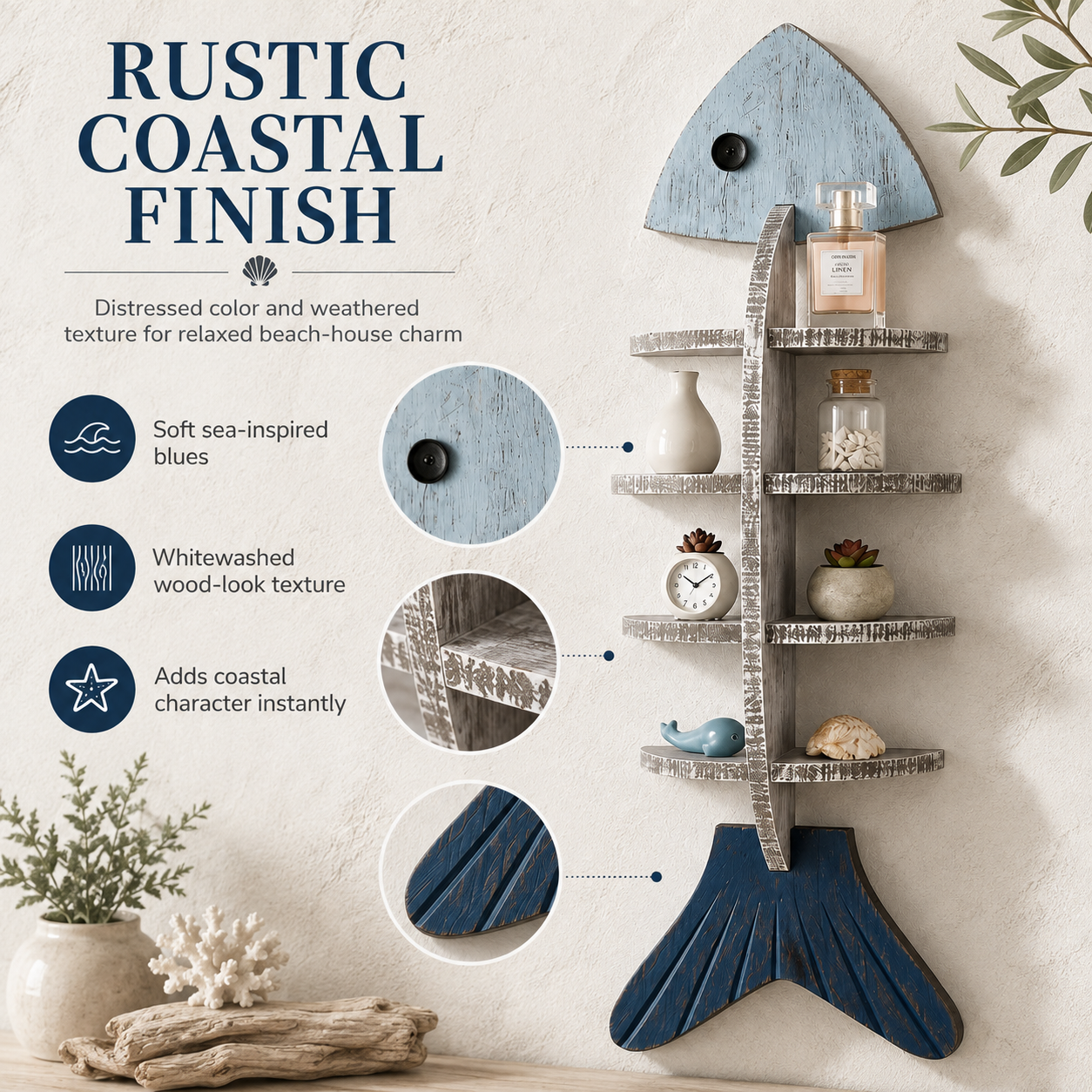 Rustic Coastal Fishbone Wall Shelf