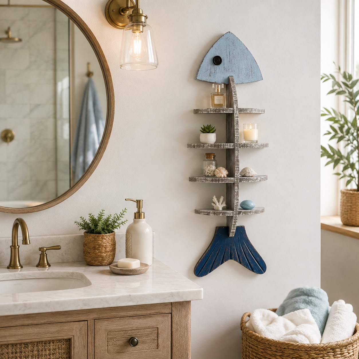 Rustic Coastal Fishbone Wall Shelf