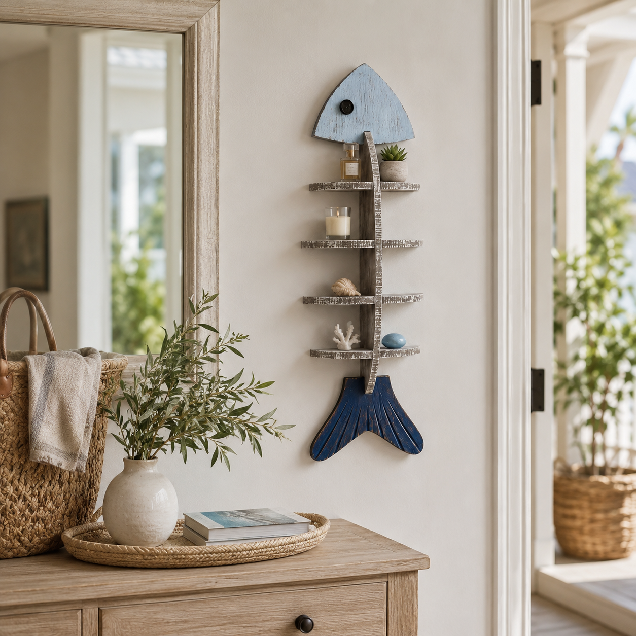 Rustic Coastal Fishbone Wall Shelf