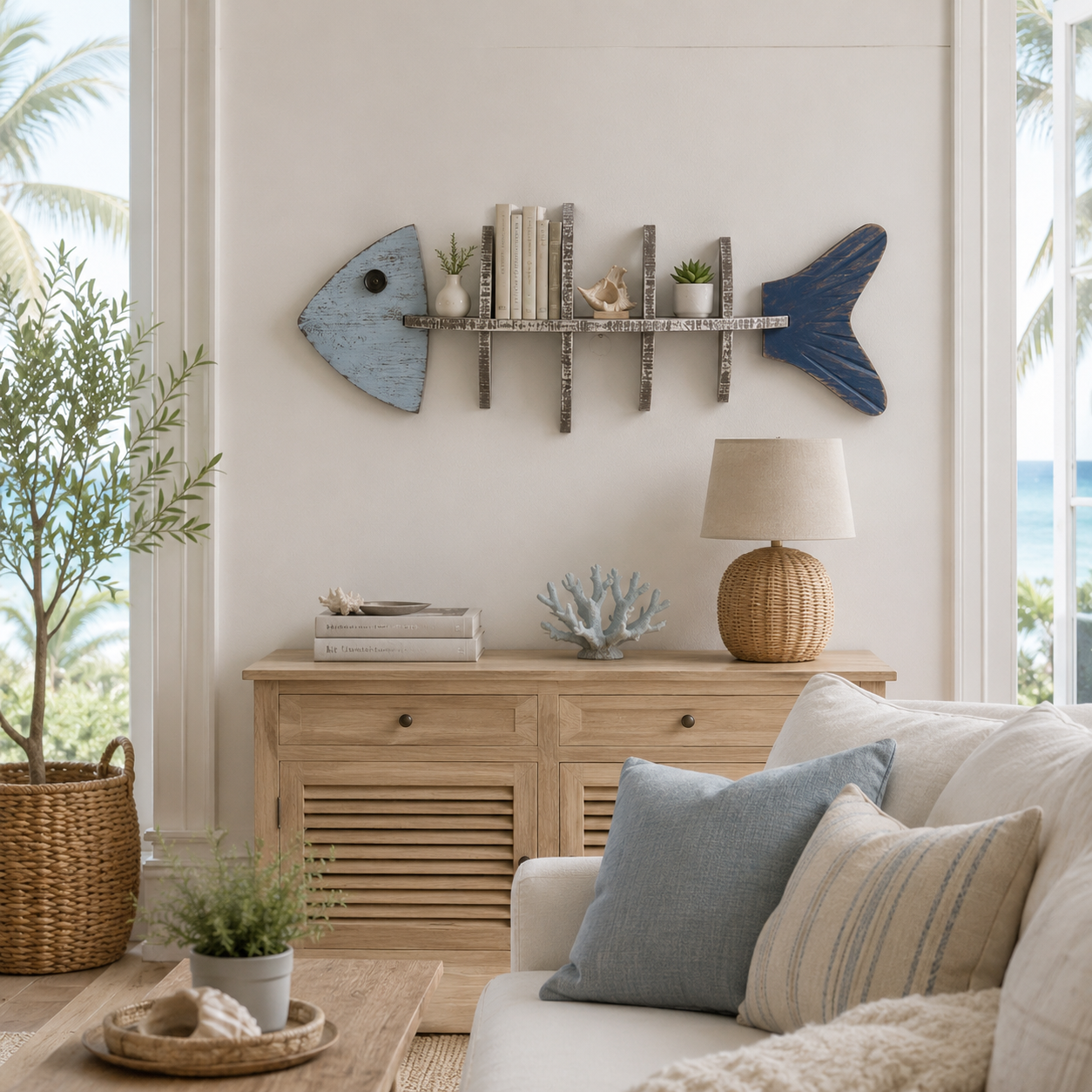 Rustic Coastal Fishbone Wall Shelf