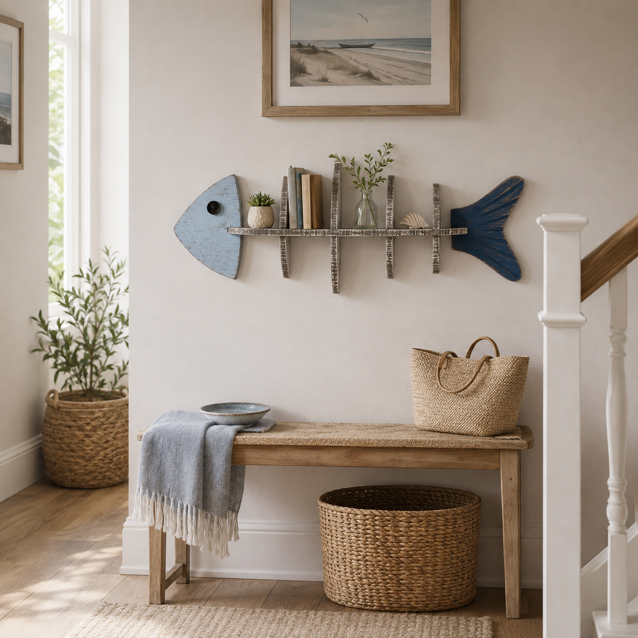 Rustic Coastal Fishbone Wall Shelf