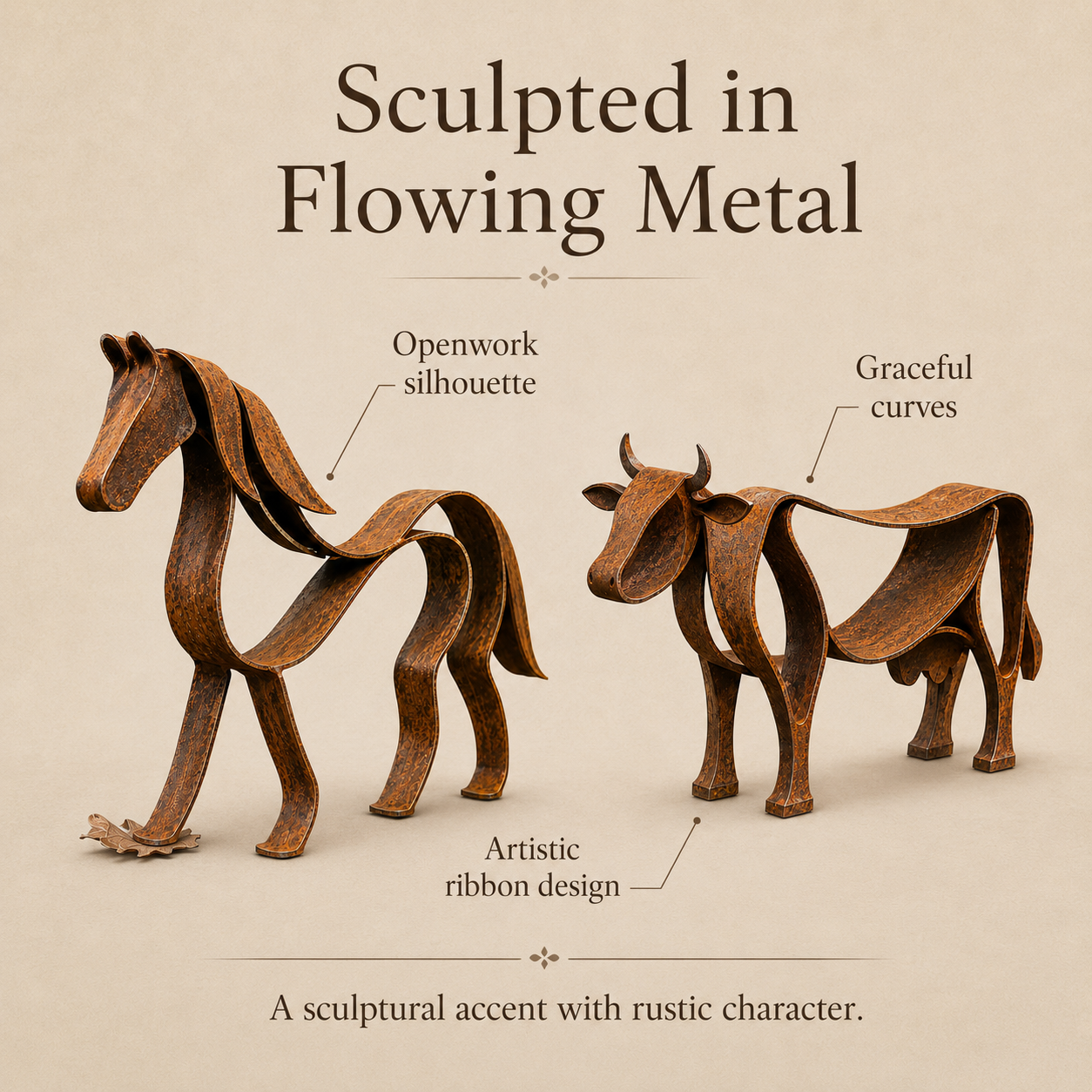 Rustic Metal Horse & Cow Sculpture