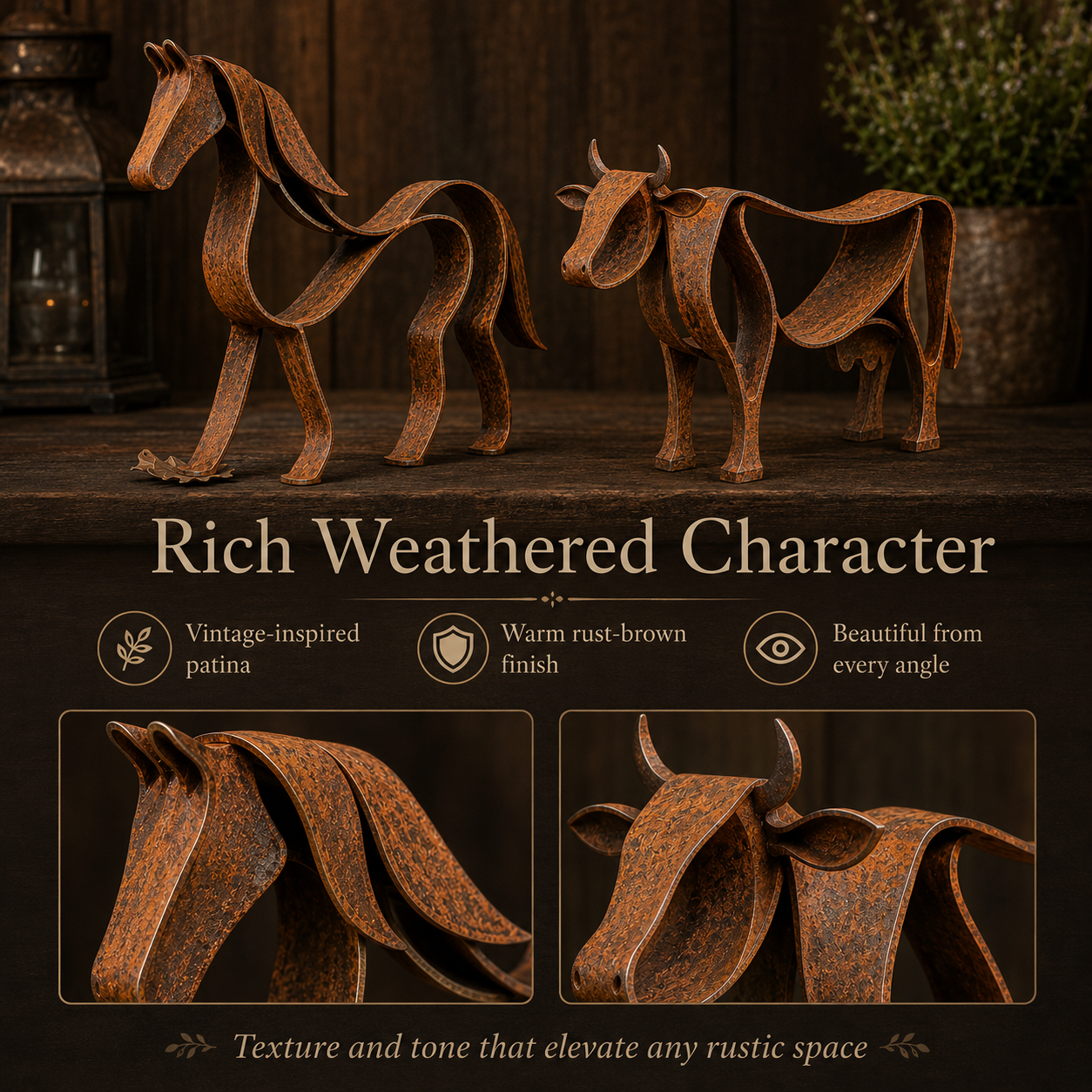 Rustic Metal Horse & Cow Sculpture