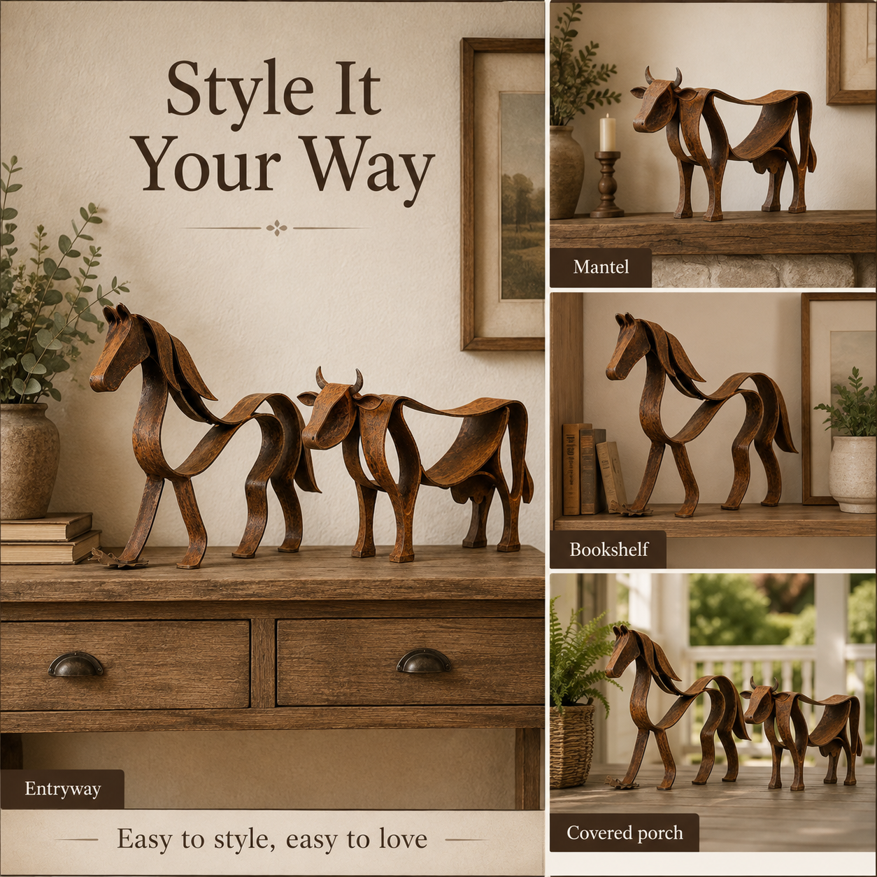 Rustic Metal Horse & Cow Sculpture