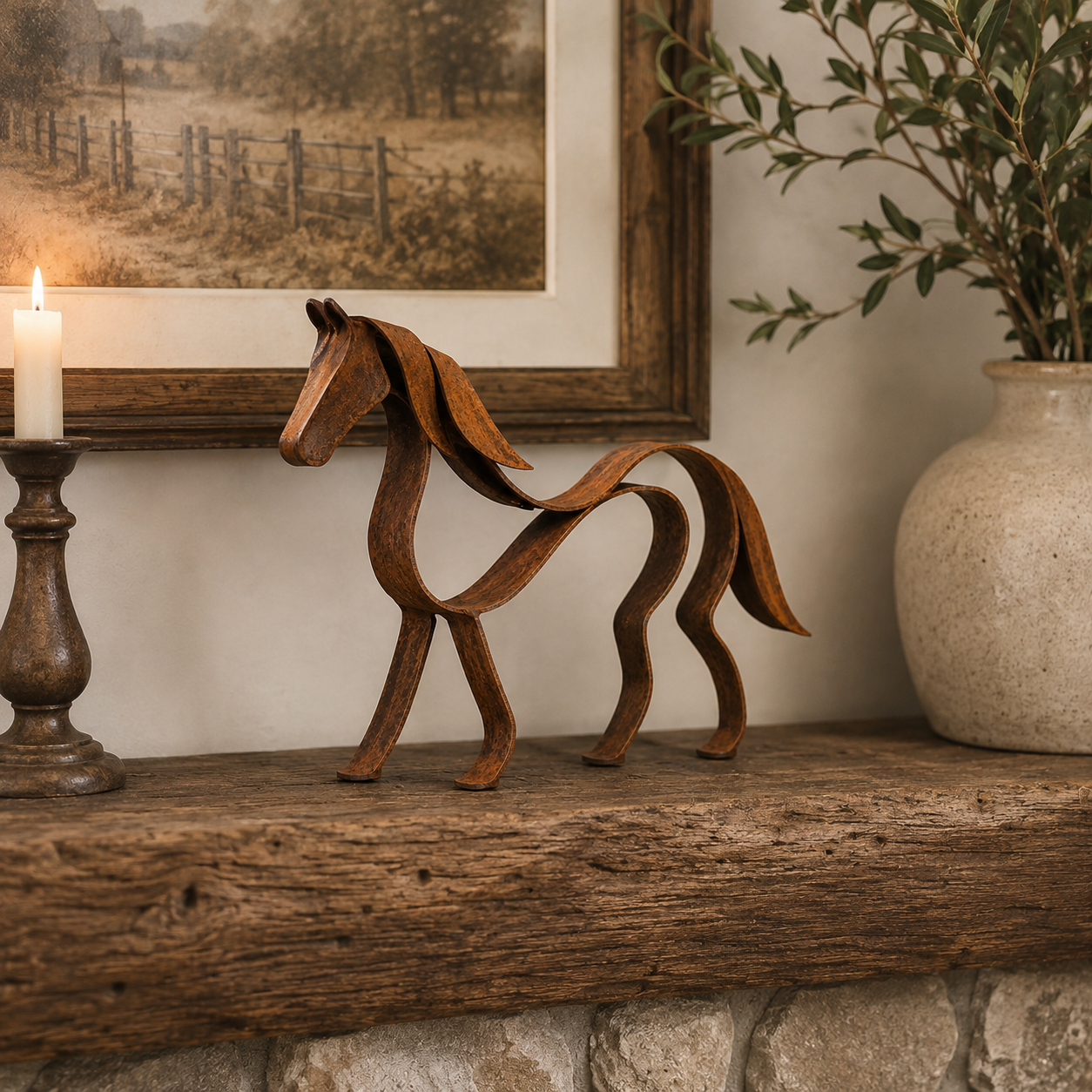 Rustic Metal Horse & Cow Sculpture