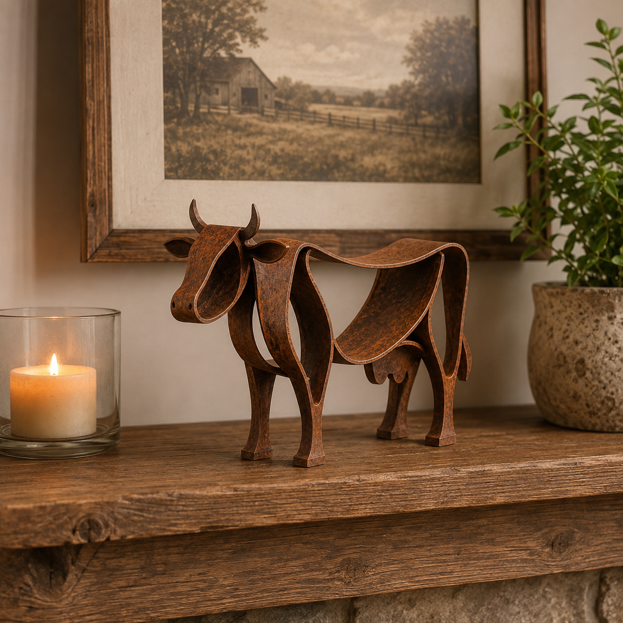 Rustic Metal Horse & Cow Sculpture