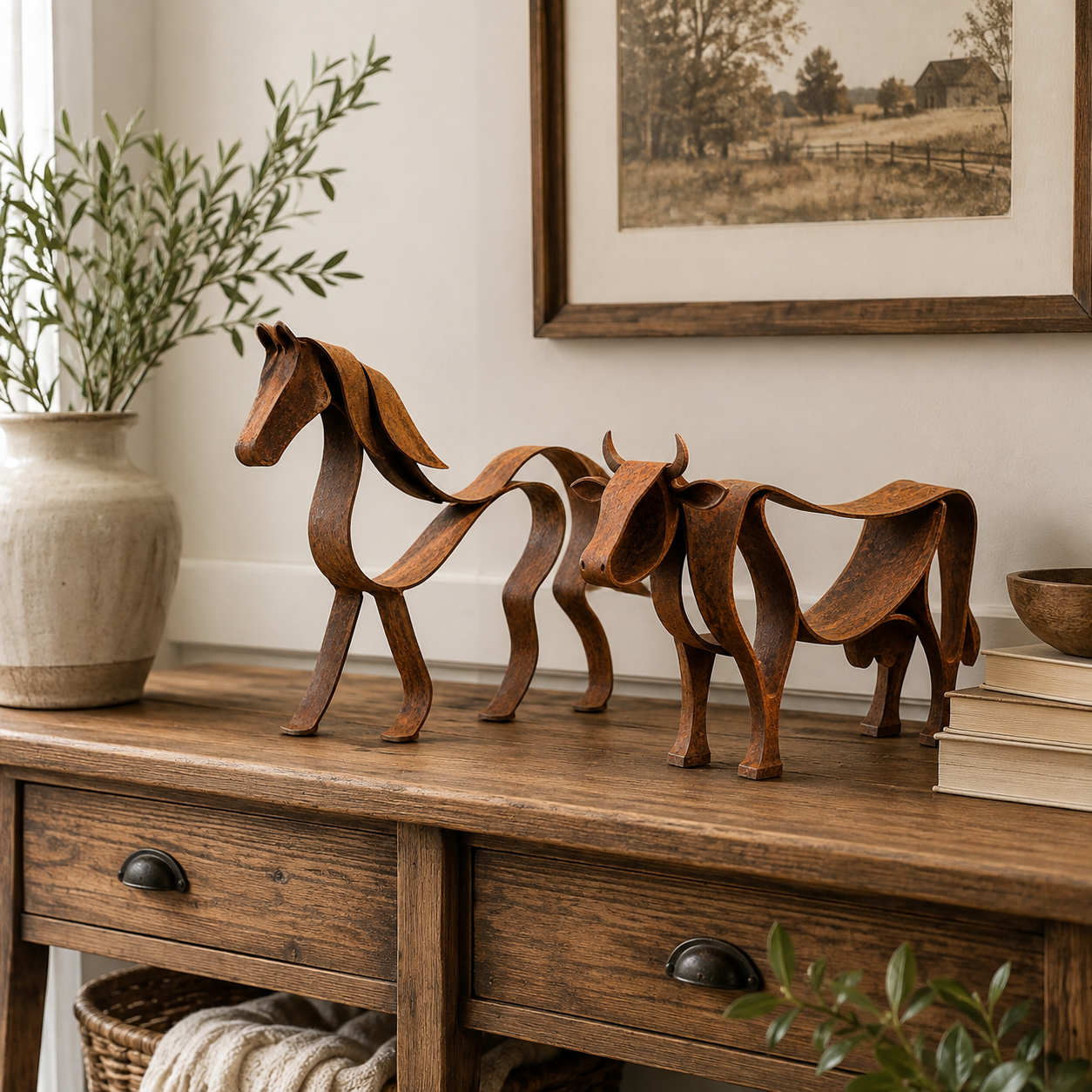 Rustic Metal Horse & Cow Sculpture