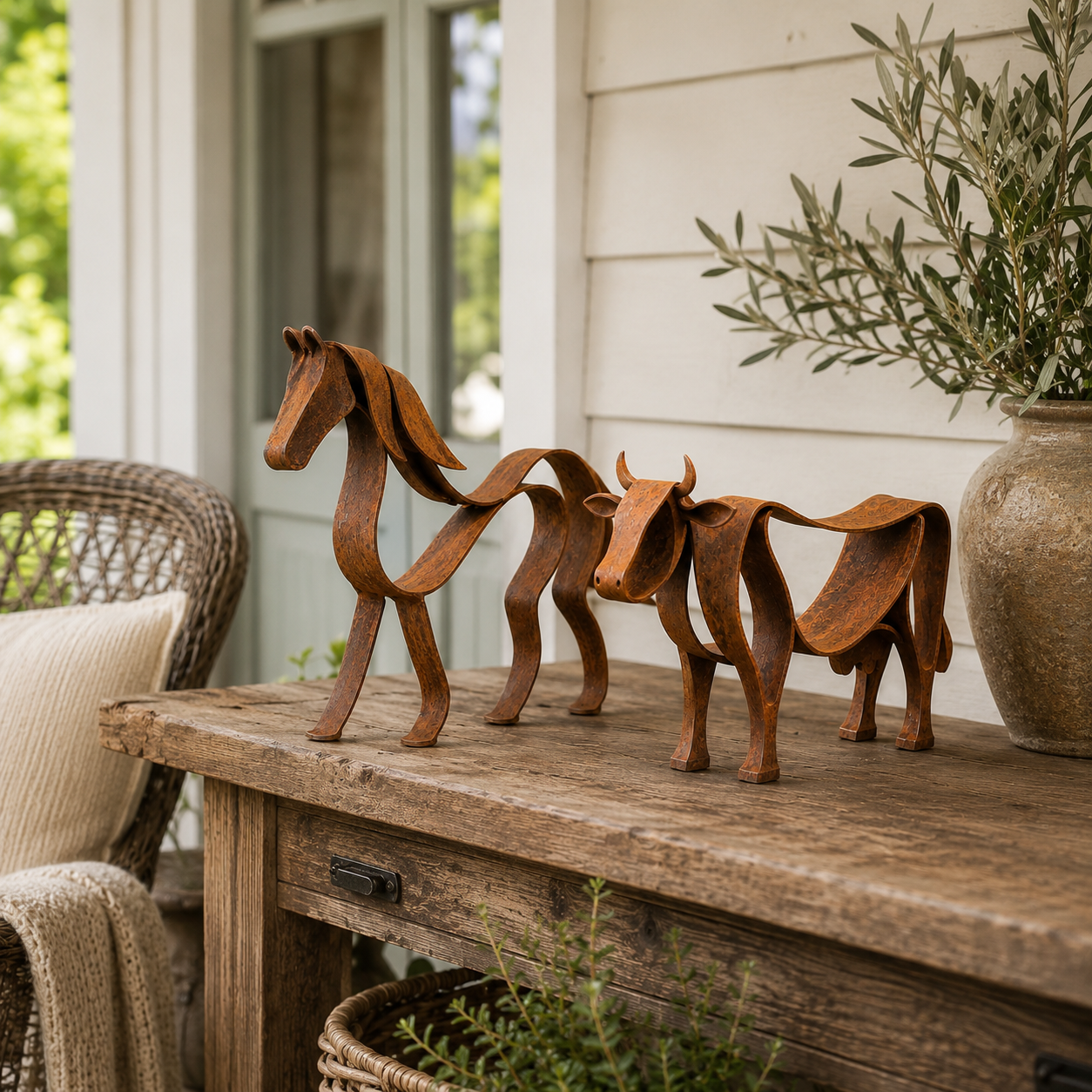 Rustic Metal Horse & Cow Sculpture