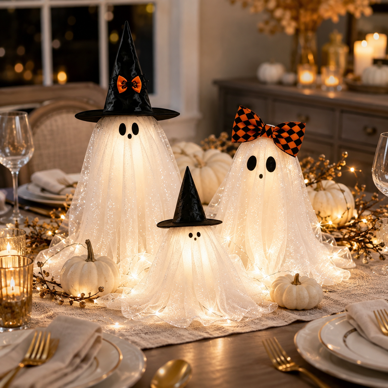 Set of 3 Glitter Fabric Ghost Figurines Tabletop Decorations