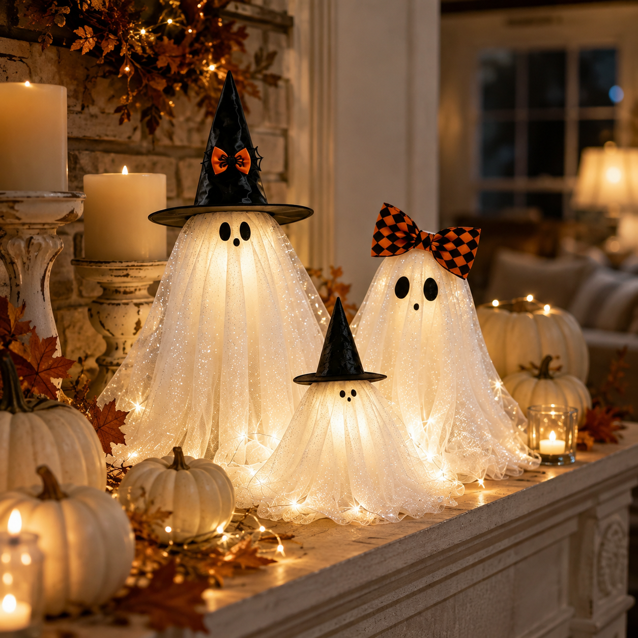 Set of 3 Glitter Fabric Ghost Figurines Tabletop Decorations