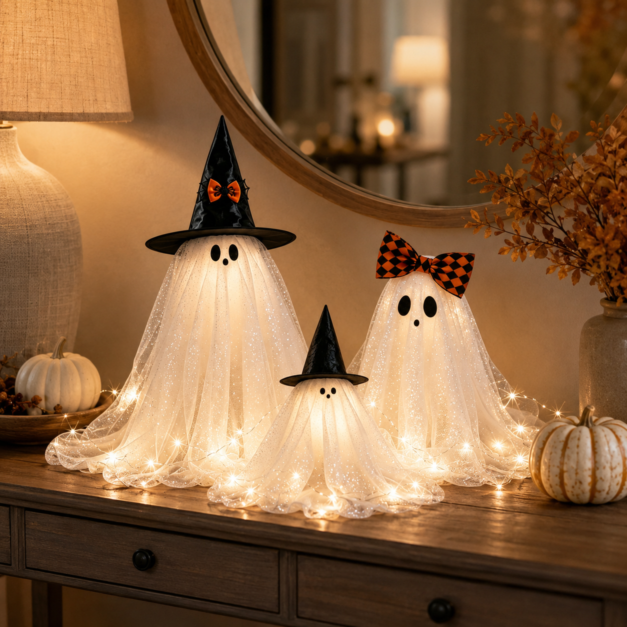 Set of 3 Glitter Fabric Ghost Figurines Tabletop Decorations