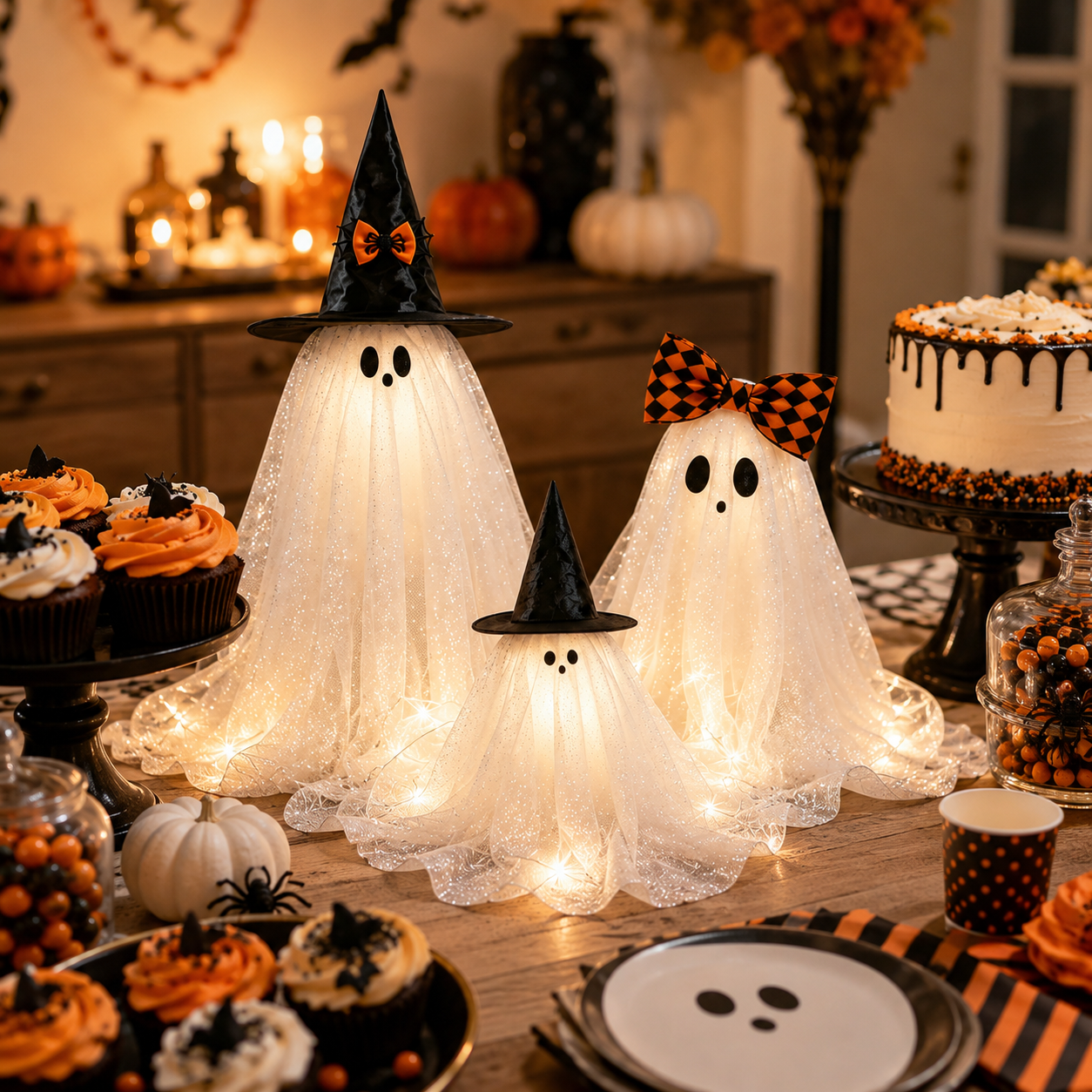Set of 3 Glitter Fabric Ghost Figurines Tabletop Decorations