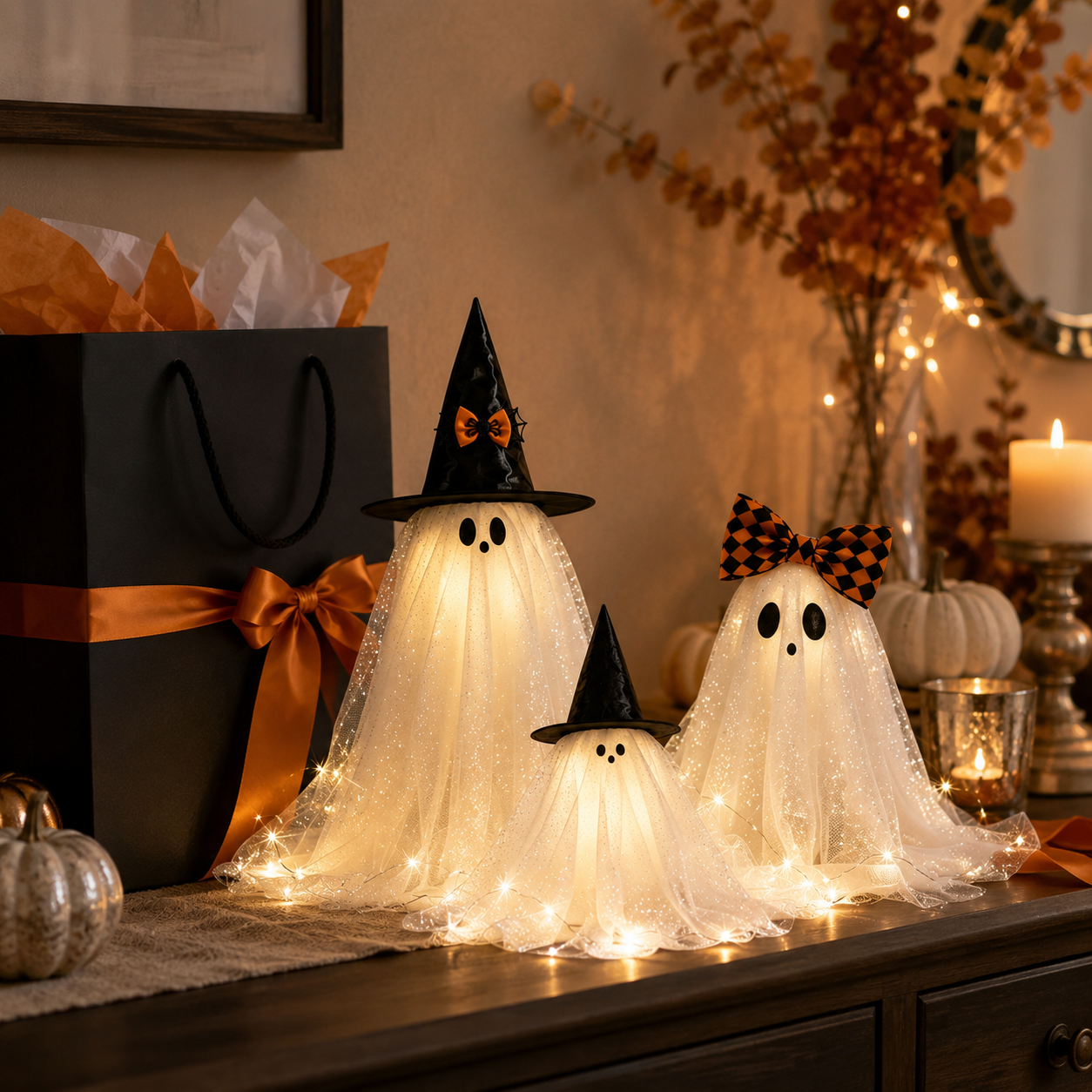 Set of 3 Glitter Fabric Ghost Figurines Tabletop Decorations